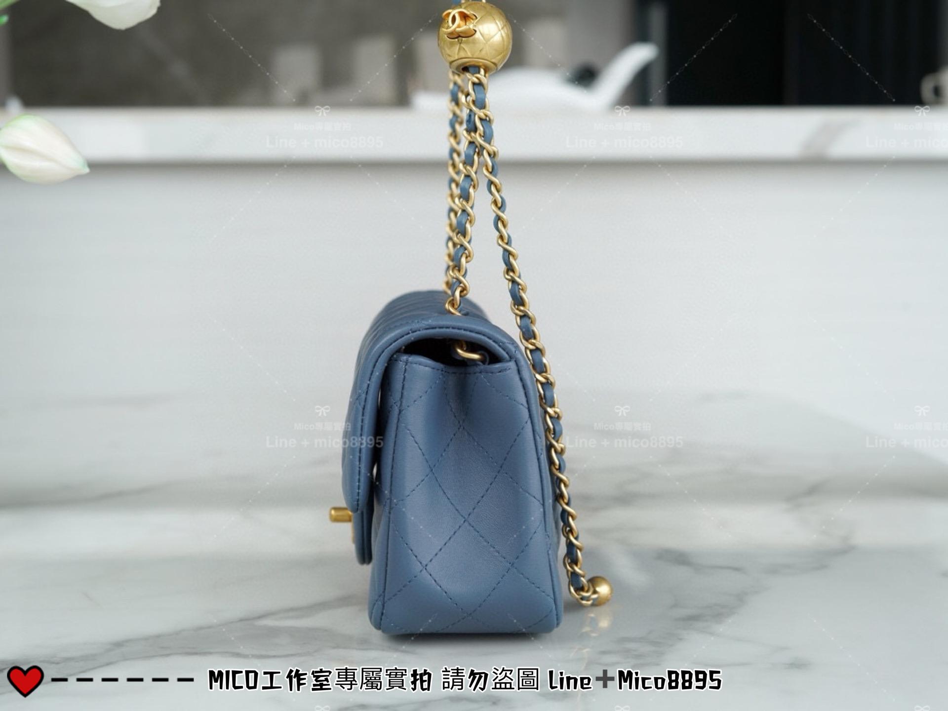 Chanel 香奈兒 新版本硬底款 霧霾藍小羊皮 金球系列 miniCF 20cm 可調節長短