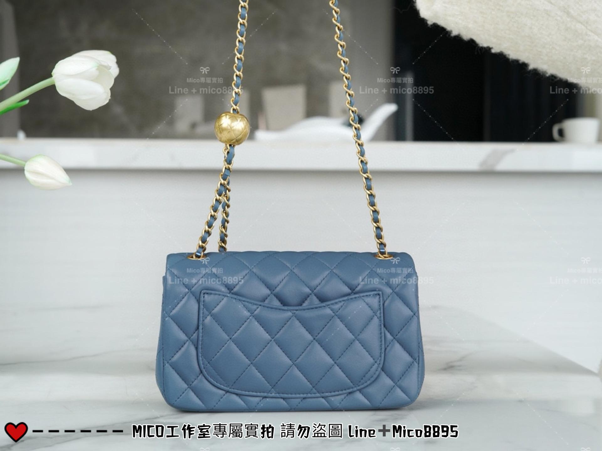 Chanel 香奈兒 新版本硬底款 霧霾藍小羊皮 金球系列 miniCF 20cm 可調節長短