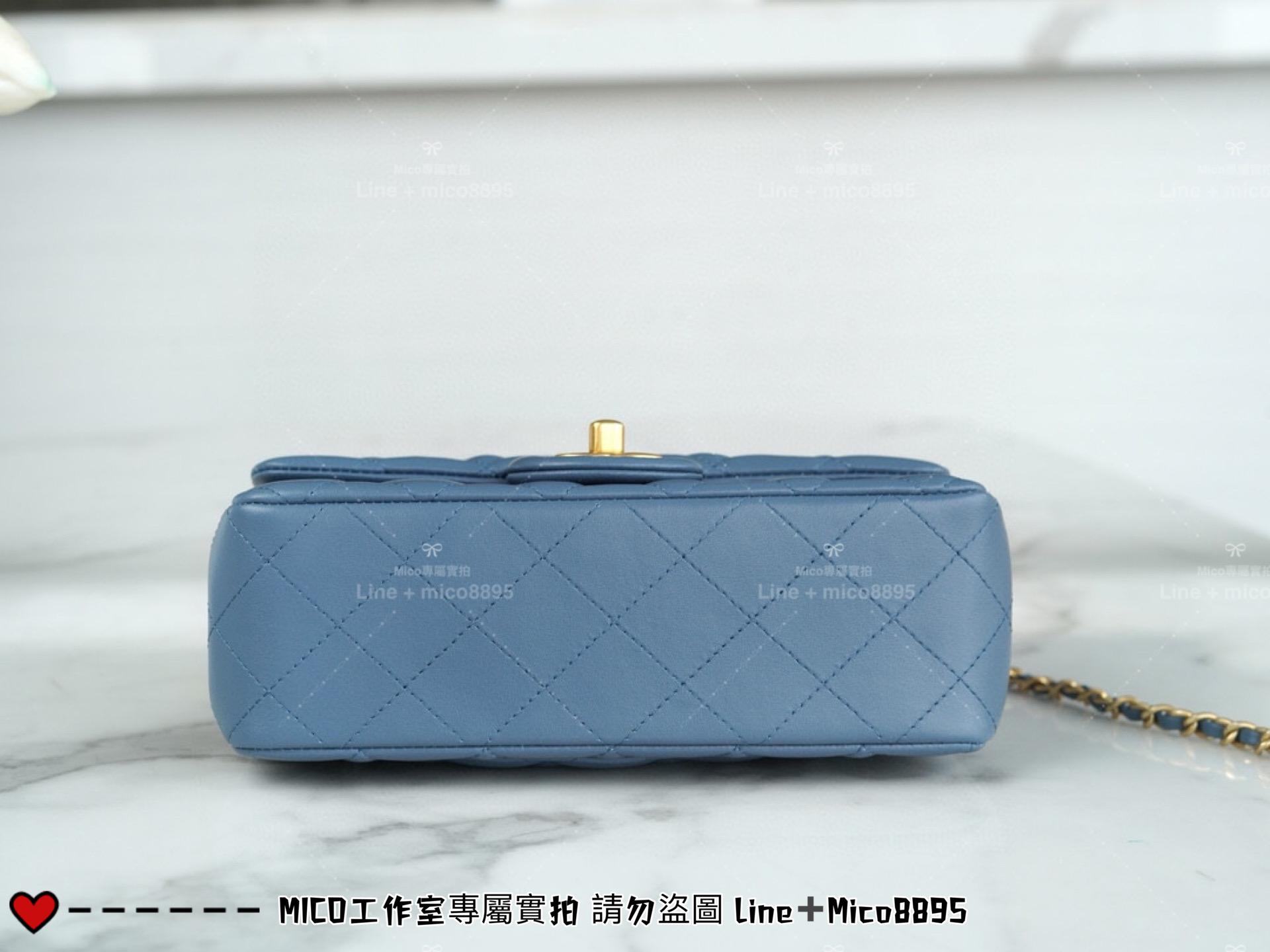 Chanel 香奈兒 新版本硬底款 霧霾藍小羊皮 金球系列 miniCF 20cm 可調節長短