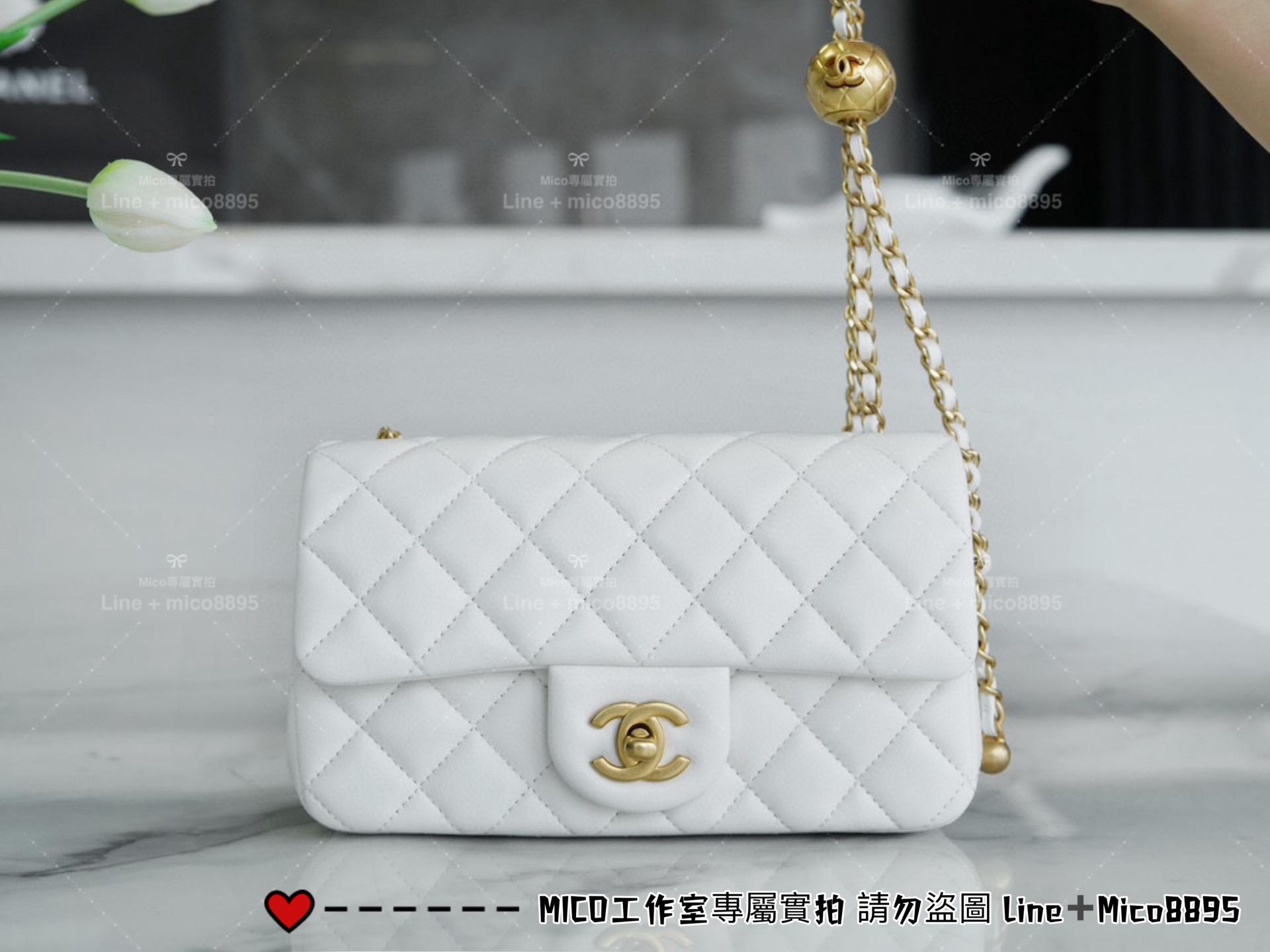 Chanel 香奈兒 新版本硬底款 仙女白 小羊皮 金球系列 miniCF 20cm 可調節長短