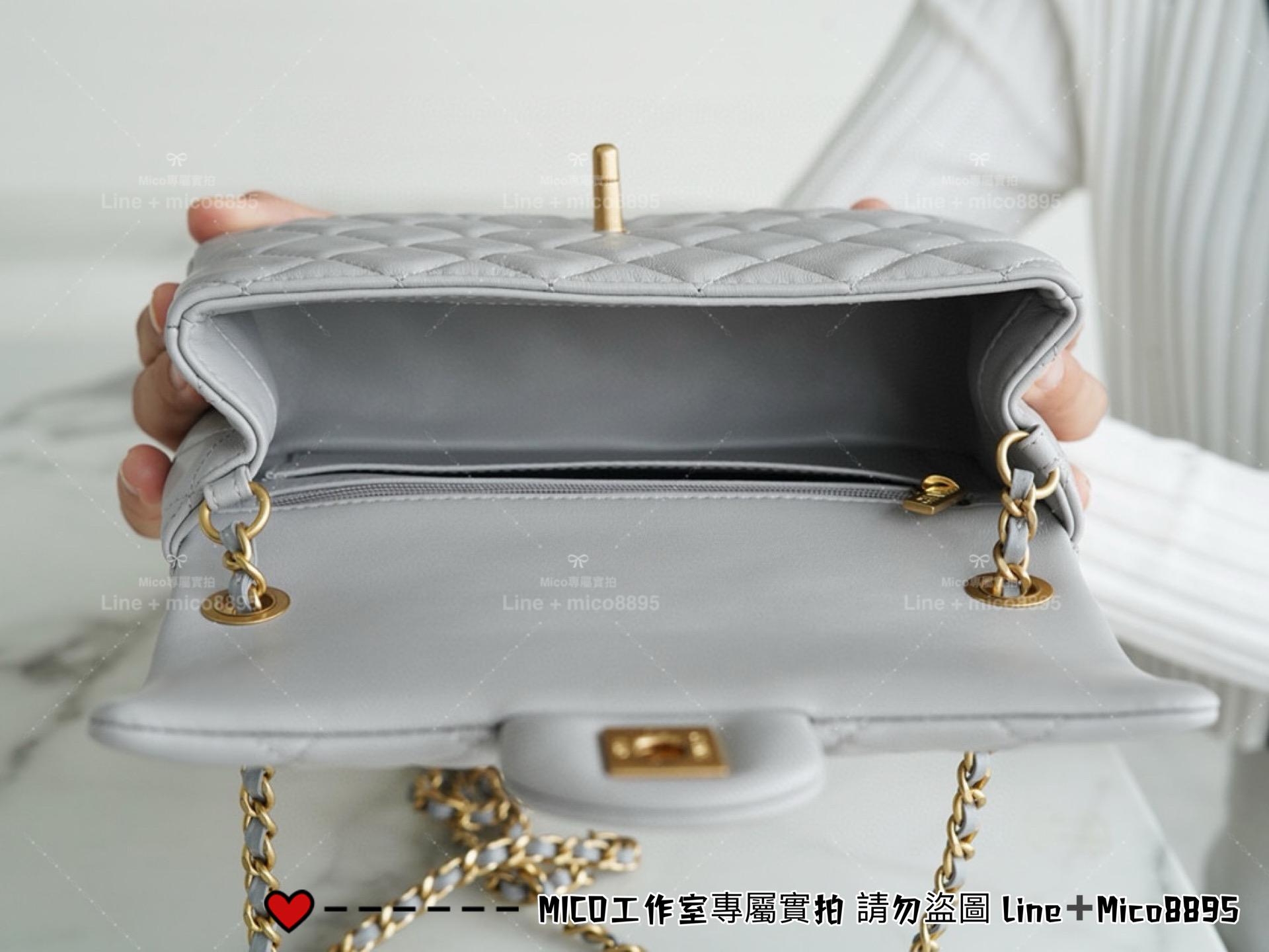 Chanel 香奈兒 新版本硬底款 淺灰色 小羊皮 金球系列 miniCF 20cm 可調節長短