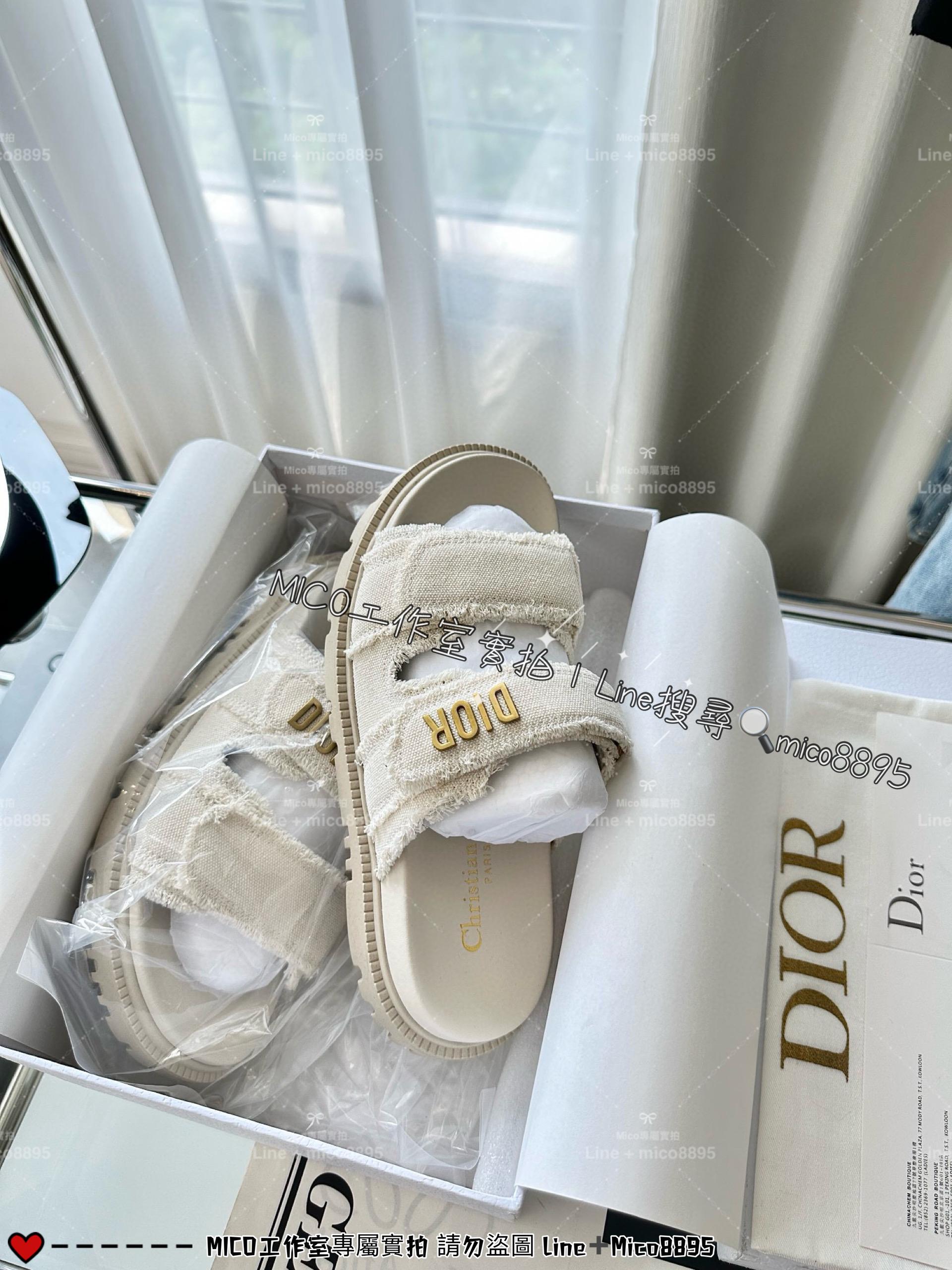 Dior 米白色 棉質帆布面料做舊魔術貼/魔鬼氈 Dioract涼拖鞋 拖鞋 35-40