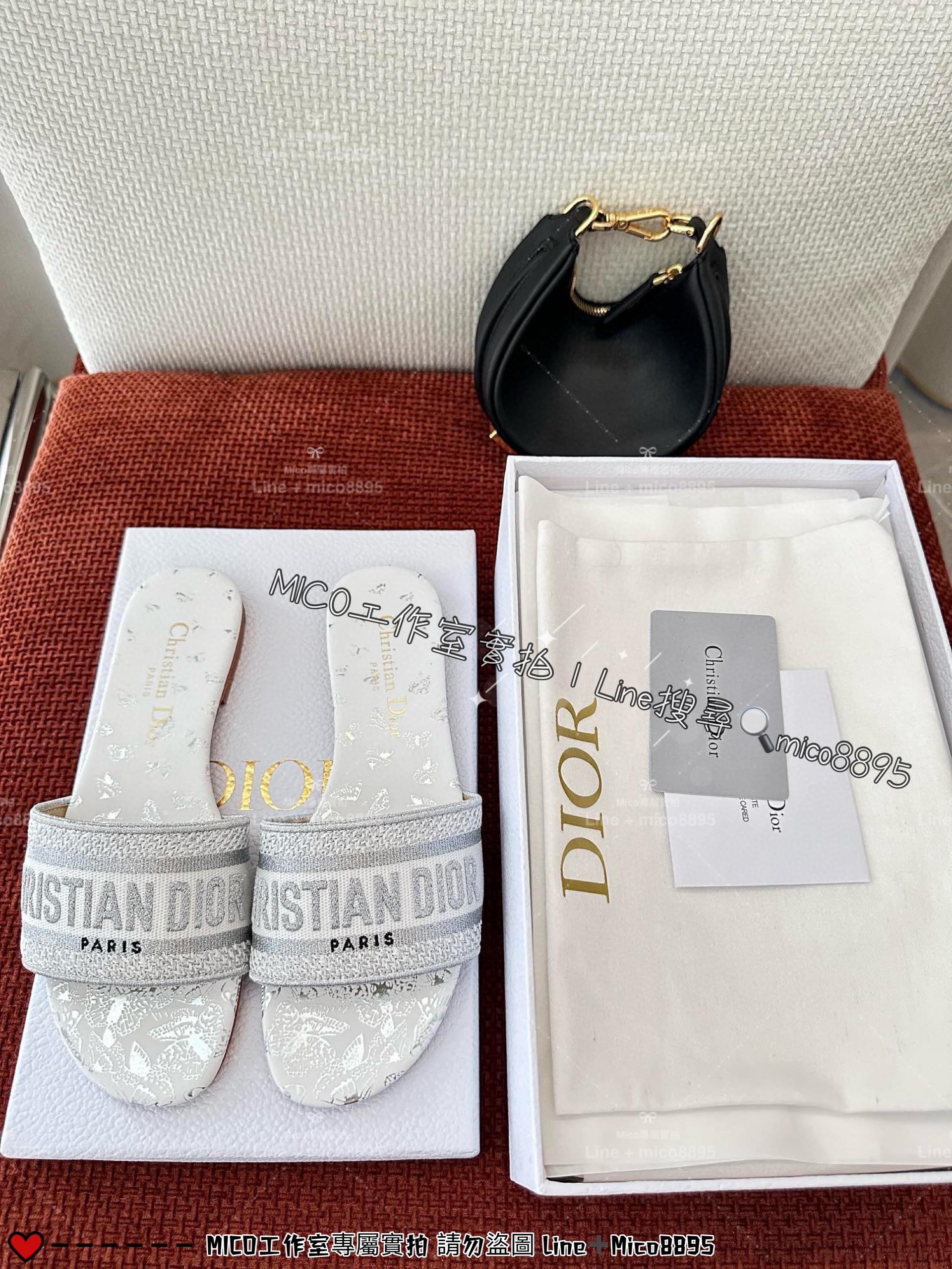 Dior 經典款 白銀刺繡蝴蝶鞋面 平底Dway刺繡鞋面涼拖鞋 拖鞋 35-40