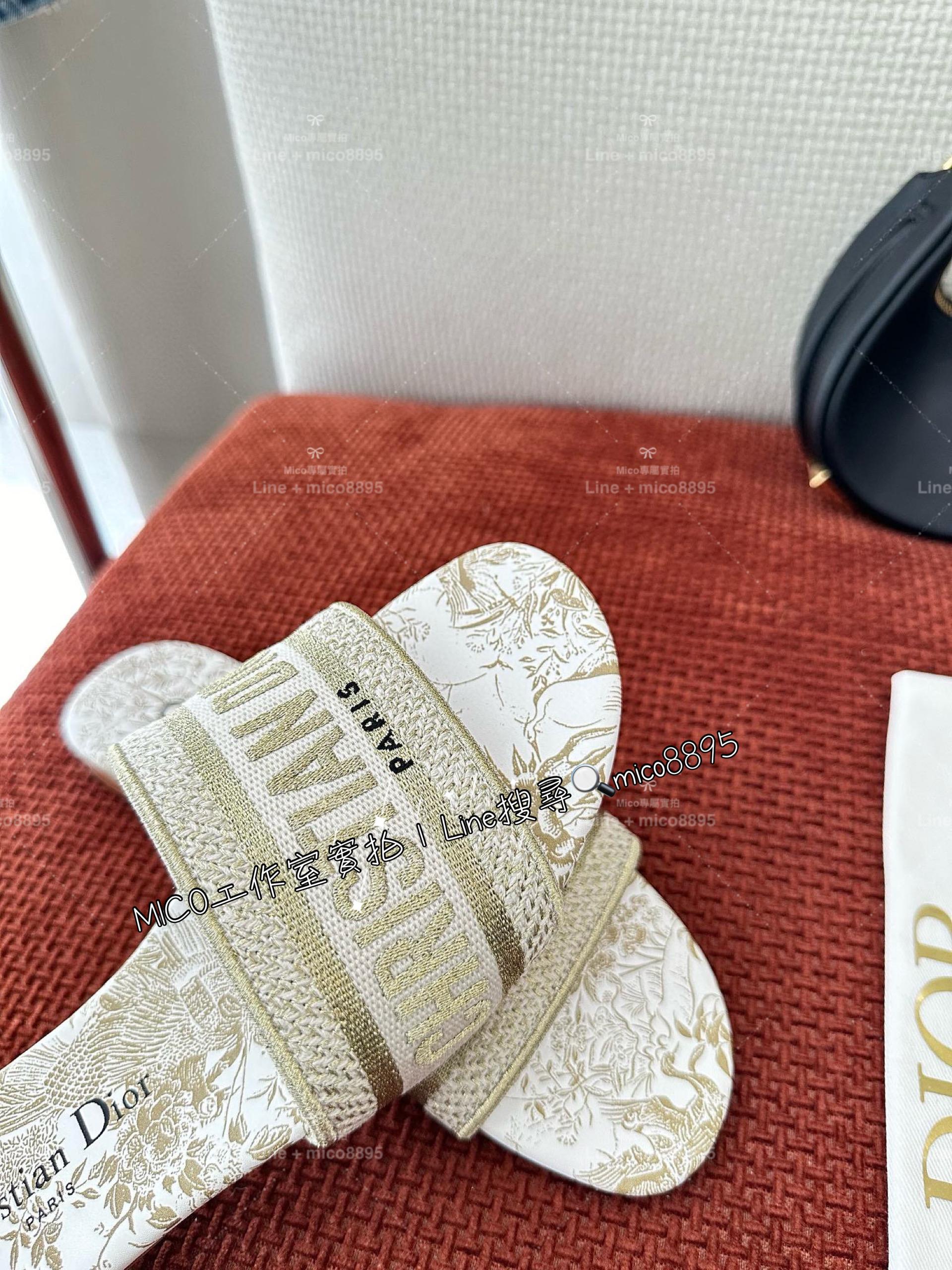 Dior 經典款 金色平底Dway刺繡鞋面涼拖鞋 拖鞋 35-40