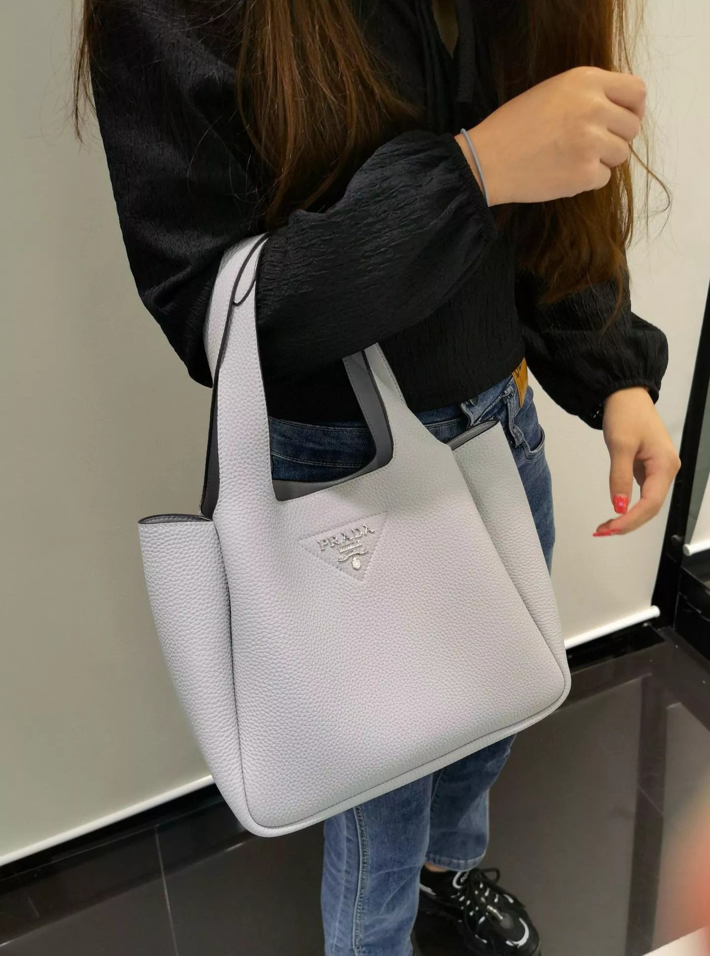 Prada Dynamique系列 灰色全皮 手提袋托特包 菜籃子 全皮手提包 25cm