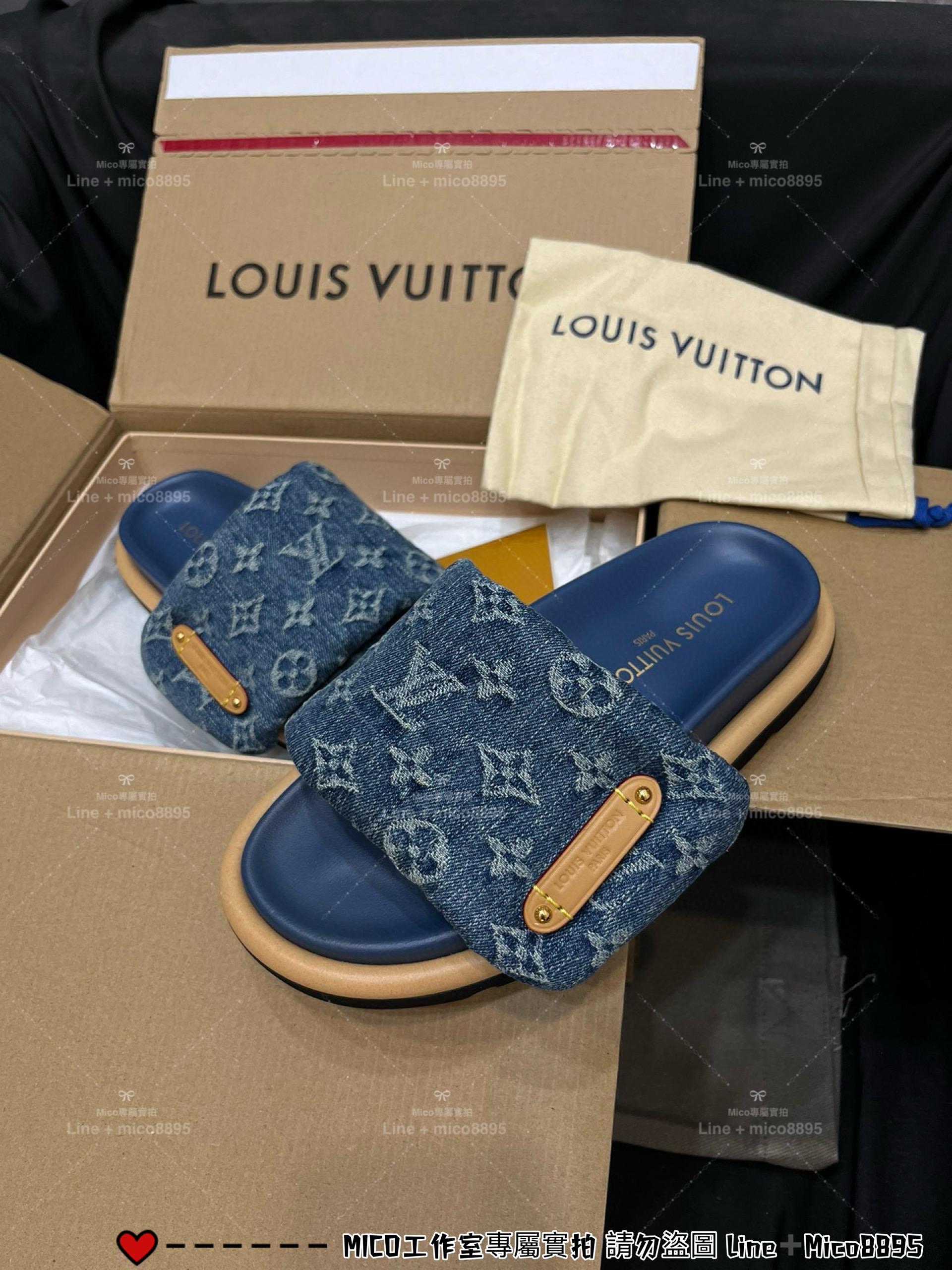 LV  Pool Pillow Comfort 藍色牛仔丹寧logo鞋面 拖鞋 女鞋 魔術貼拖鞋 35-40