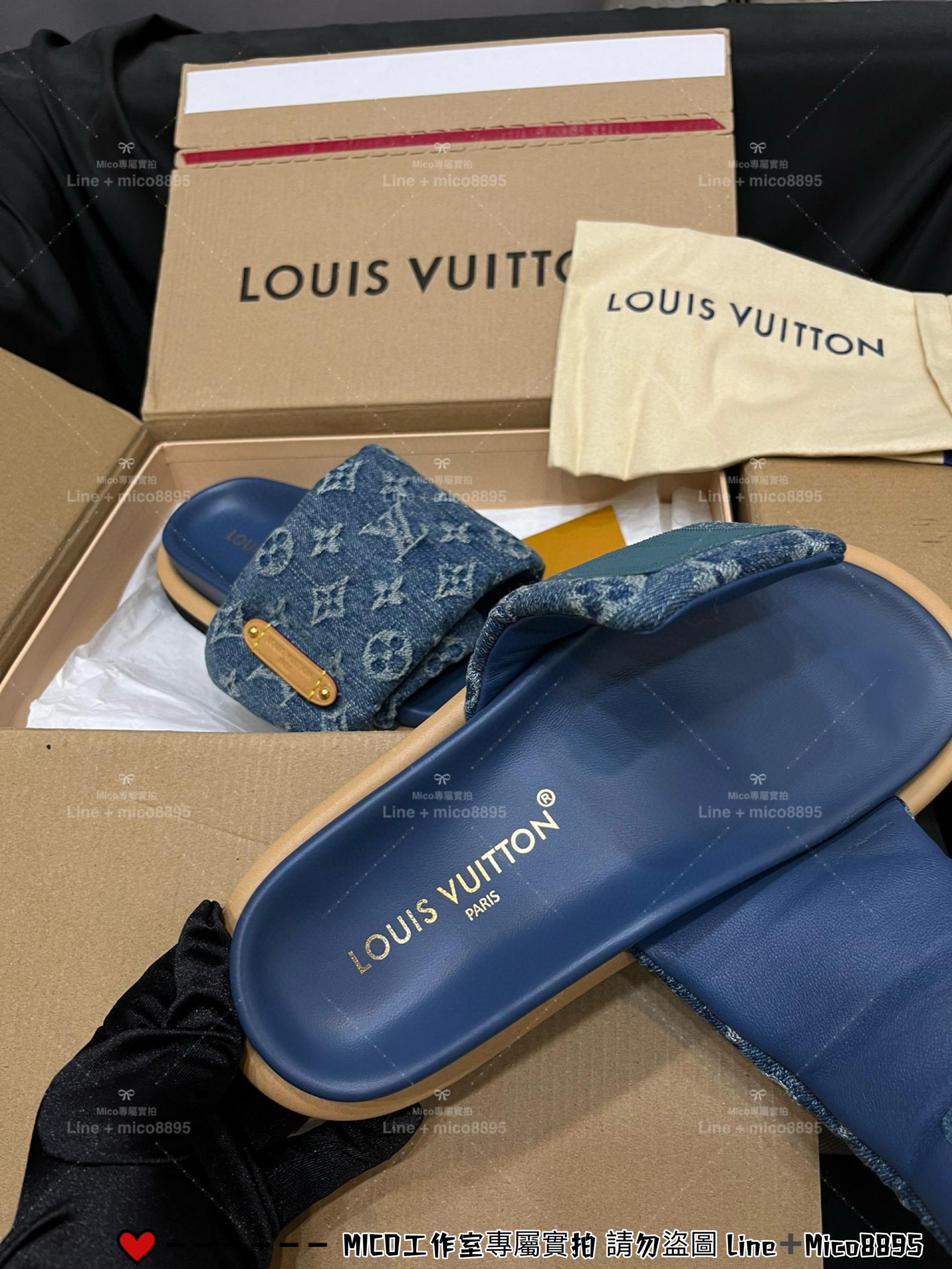 LV  Pool Pillow Comfort 藍色牛仔丹寧logo鞋面 拖鞋 女鞋 魔術貼拖鞋 35-40