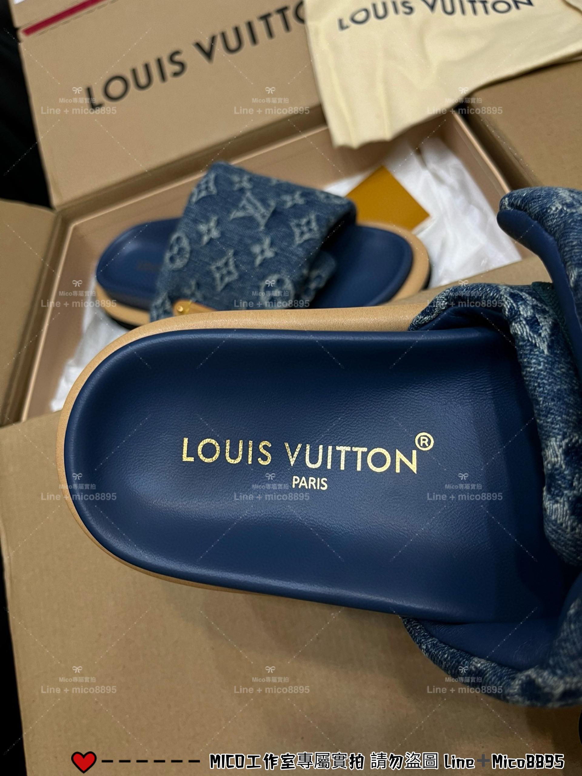 LV  Pool Pillow Comfort 藍色牛仔丹寧logo鞋面 拖鞋 女鞋 魔術貼拖鞋 35-40