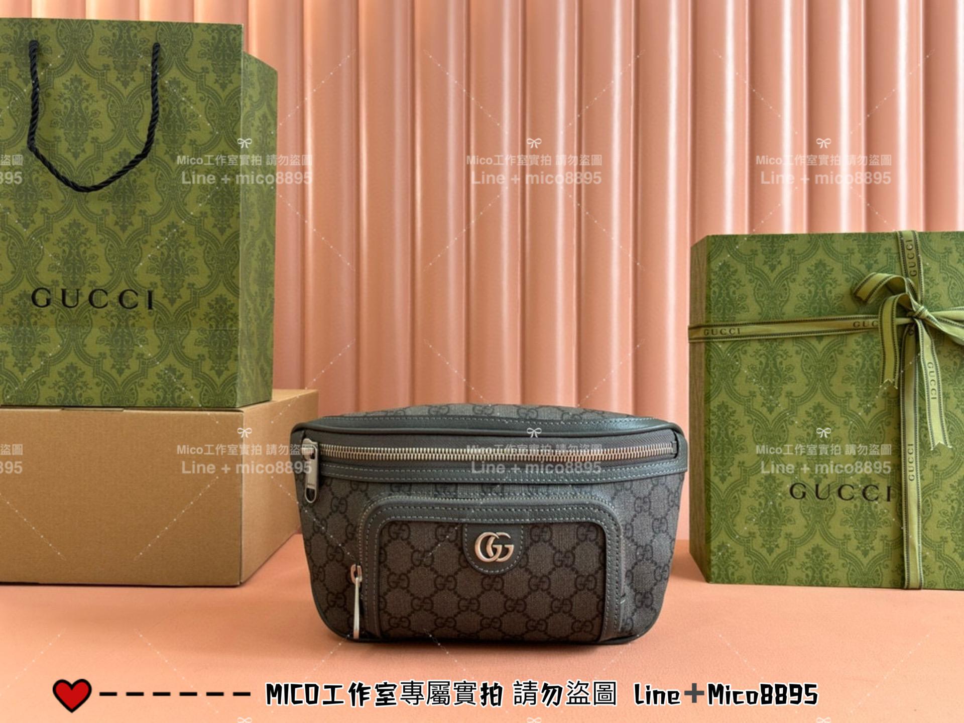 GUCCI 黑灰色 OPHIDIA系列老花腰包 胸包 男包 26cm