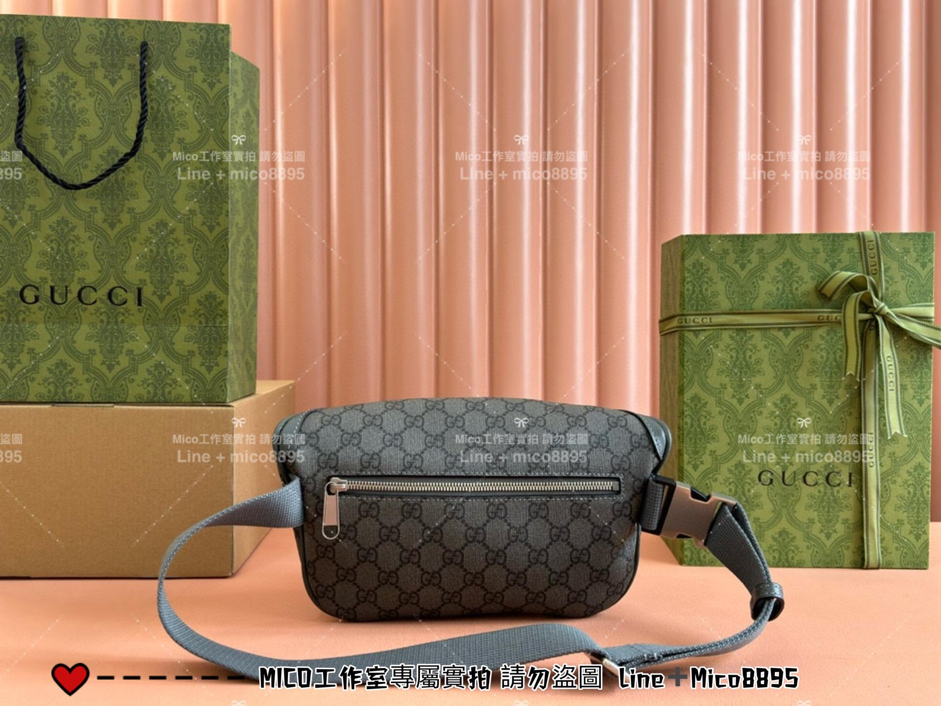 GUCCI 黑灰色 OPHIDIA系列老花腰包 胸包 男包 26cm