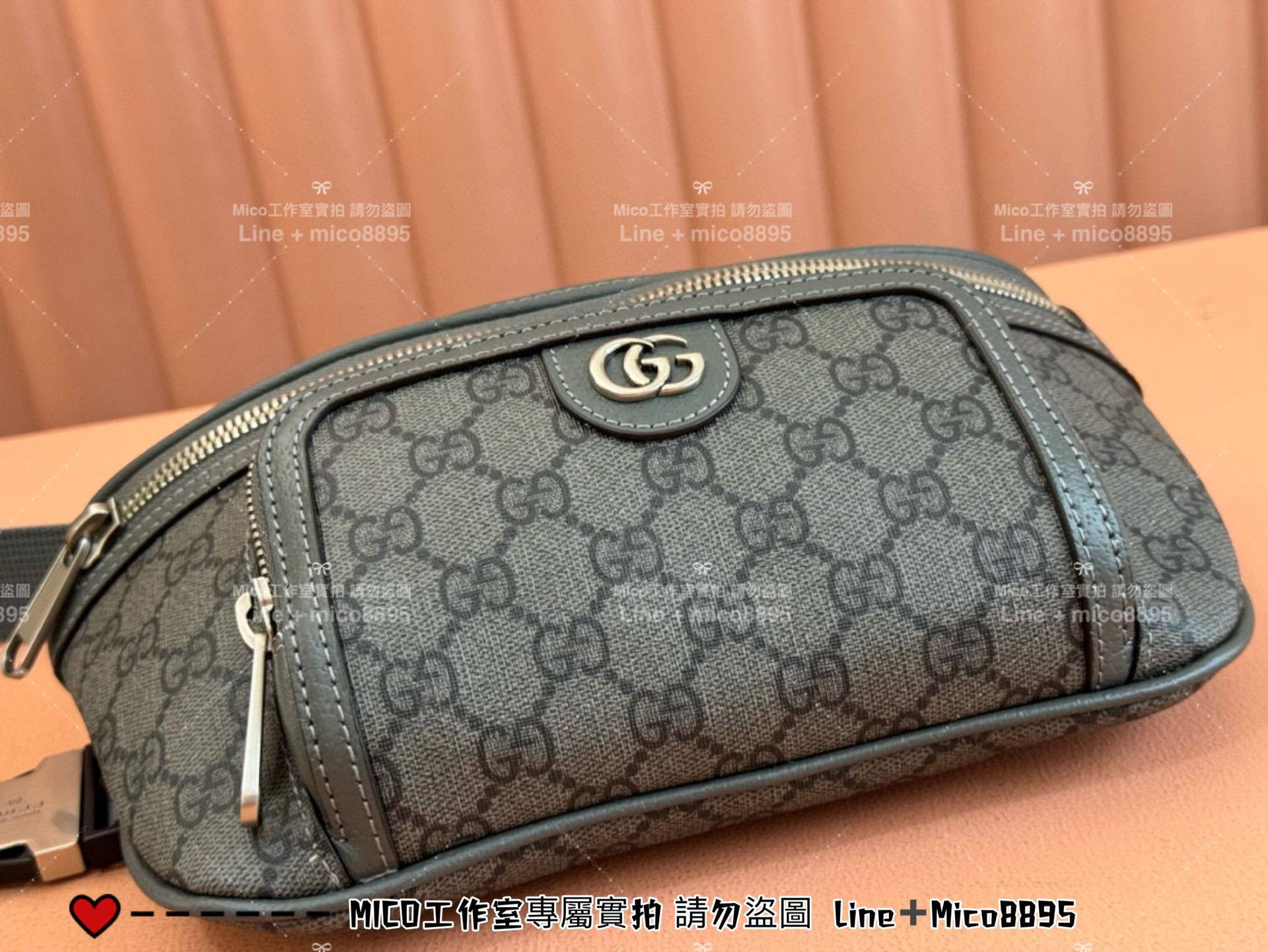 GUCCI 黑灰色 OPHIDIA系列老花腰包 胸包 男包 26cm