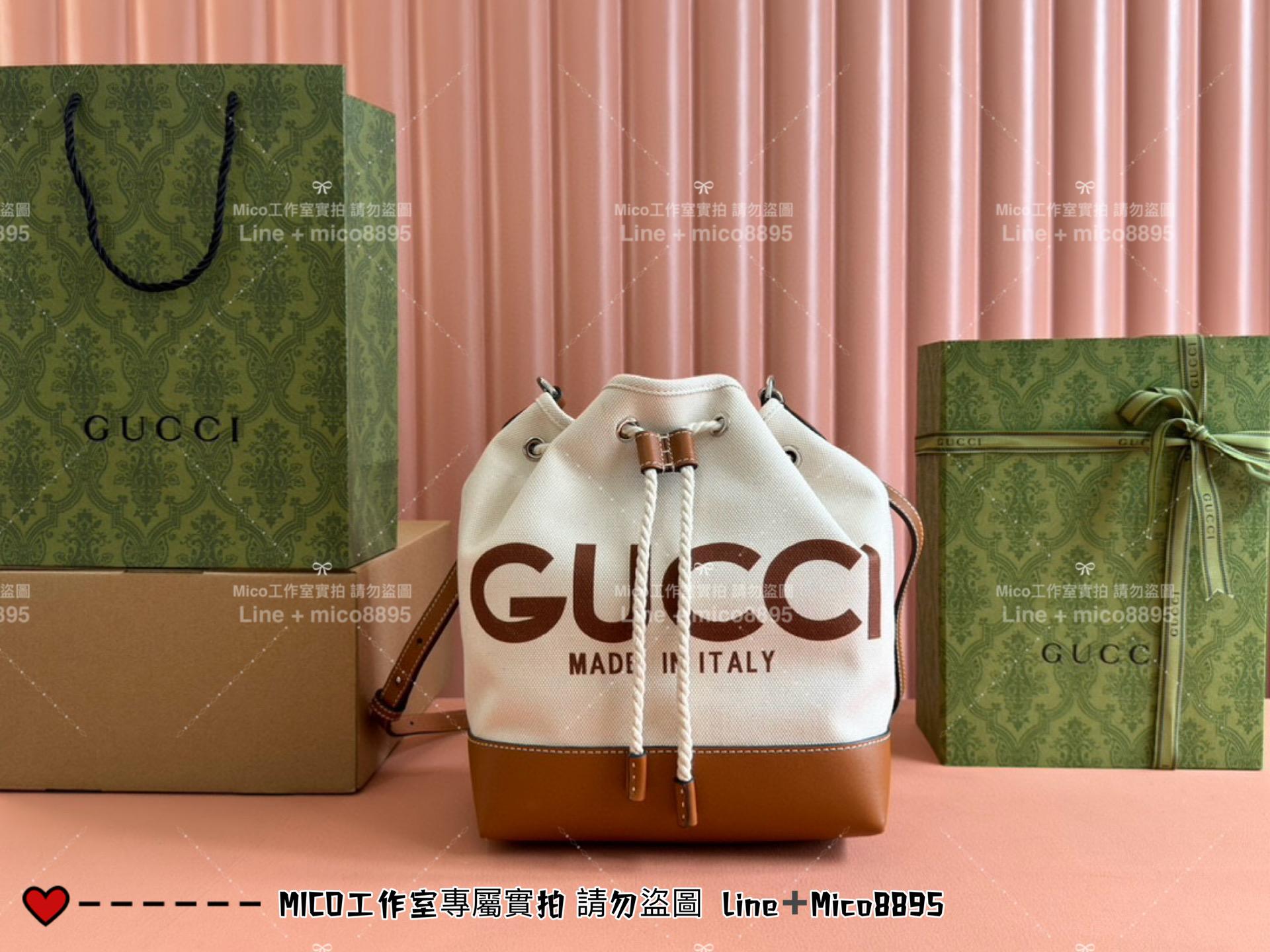 GUCCI 24春夏款 度假風格 帆布抽繩水桶包 小號 22.5cm 可手提與斜挎