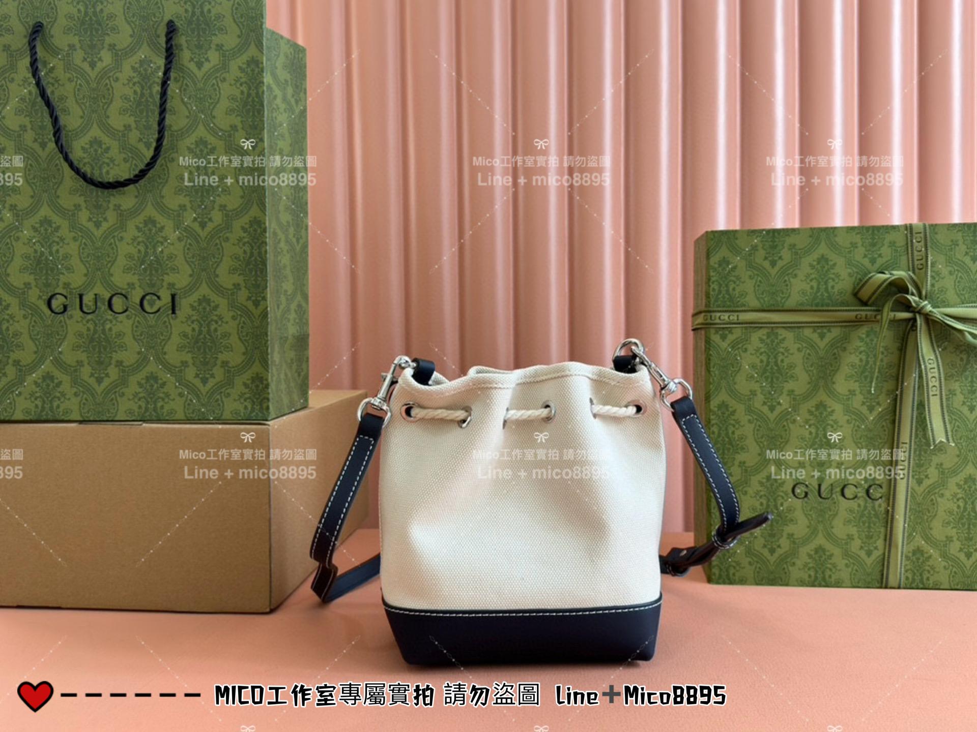 GUCCI 24春夏款 度假風格 烏木色 MINI帆布抽繩水桶包 16cm 可手提與斜挎