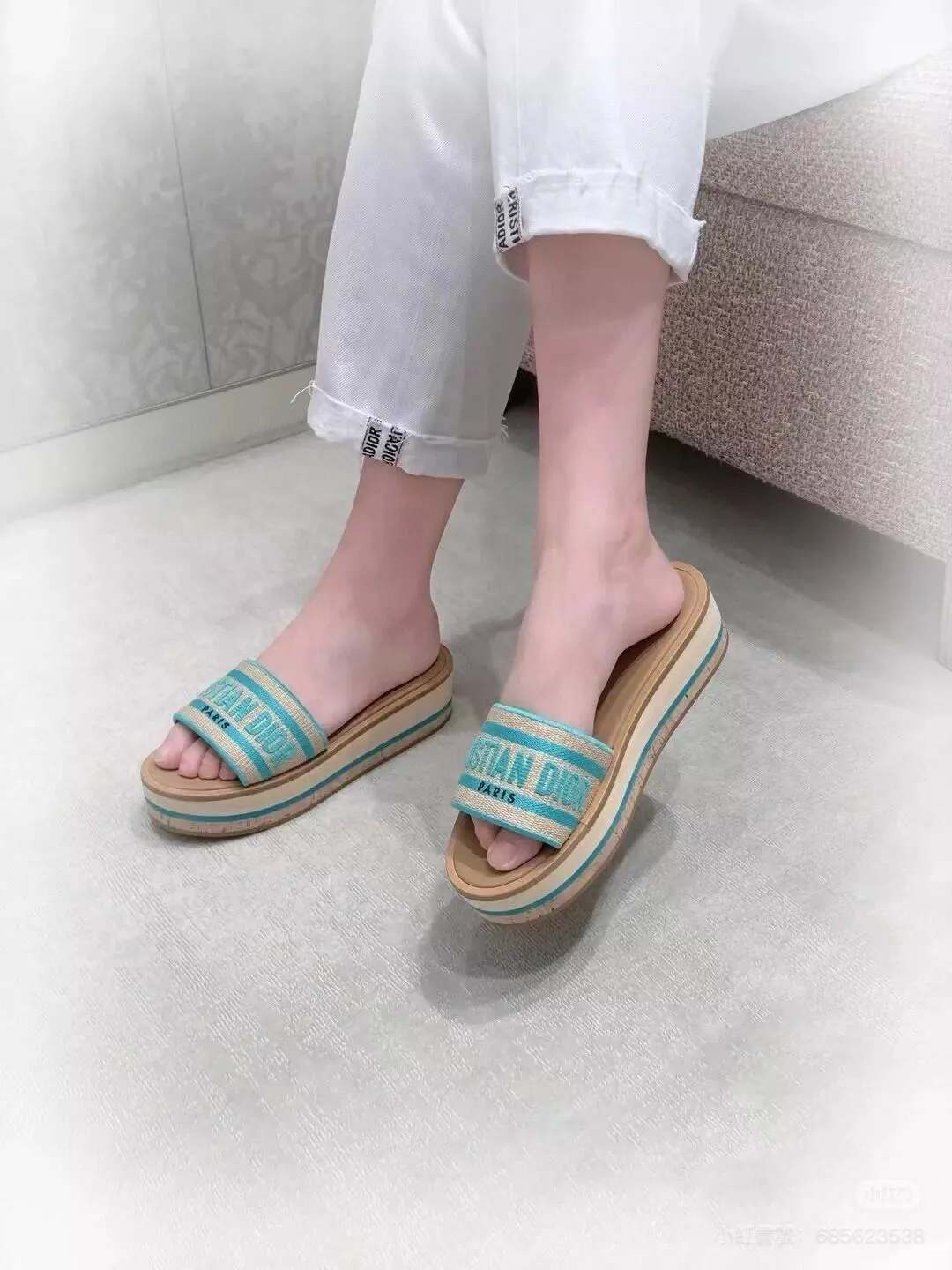 DIOR 度假風格 綠色刺繡 Dway 厚底涼鞋 拖鞋 35-40