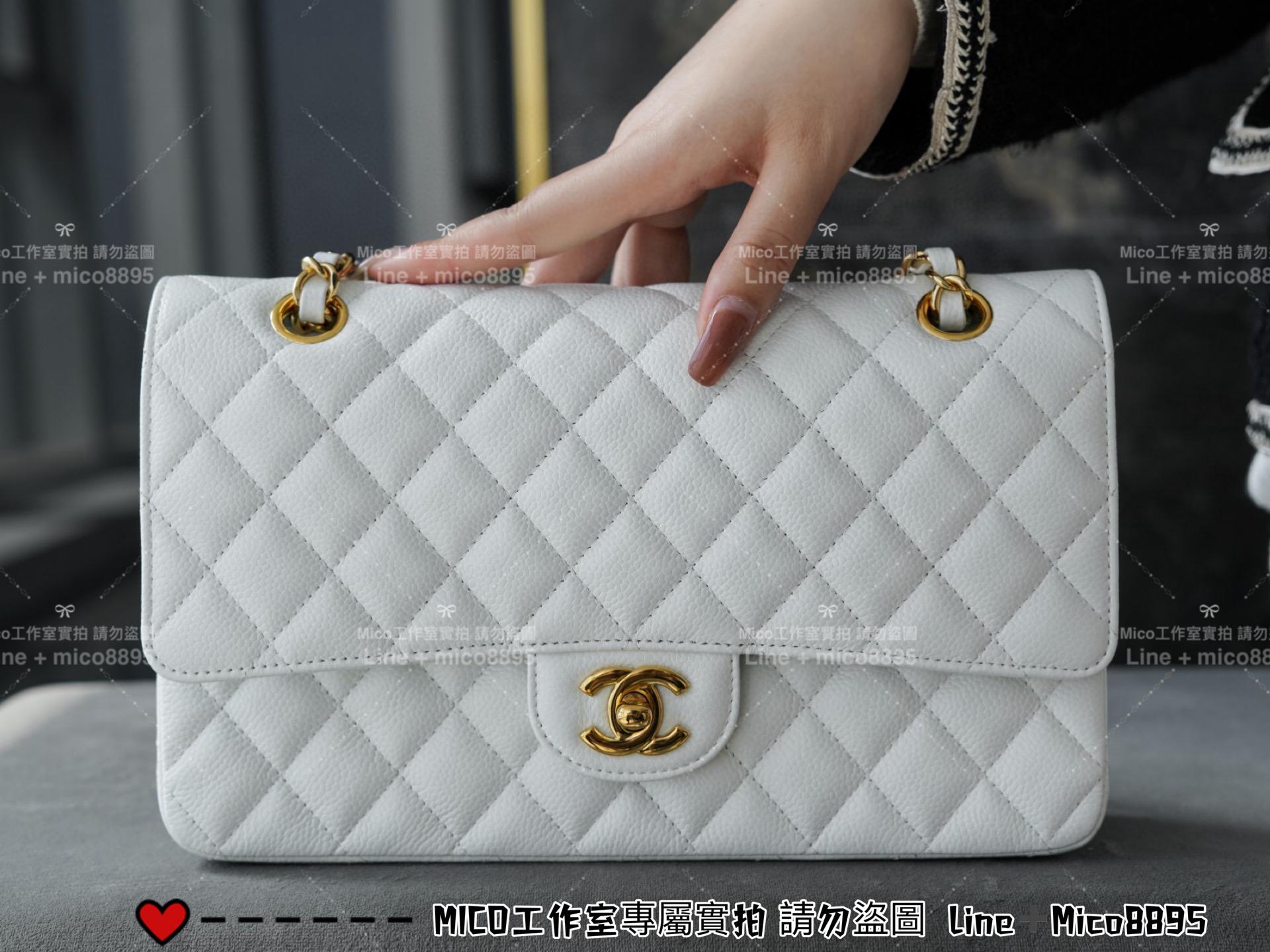 Chanel 香奈兒 Classic Flap CF 中號/荔枝皮/牛皮 經典口蓋包 仙女白/金釦 季節色/下單請先詢問 25cm 