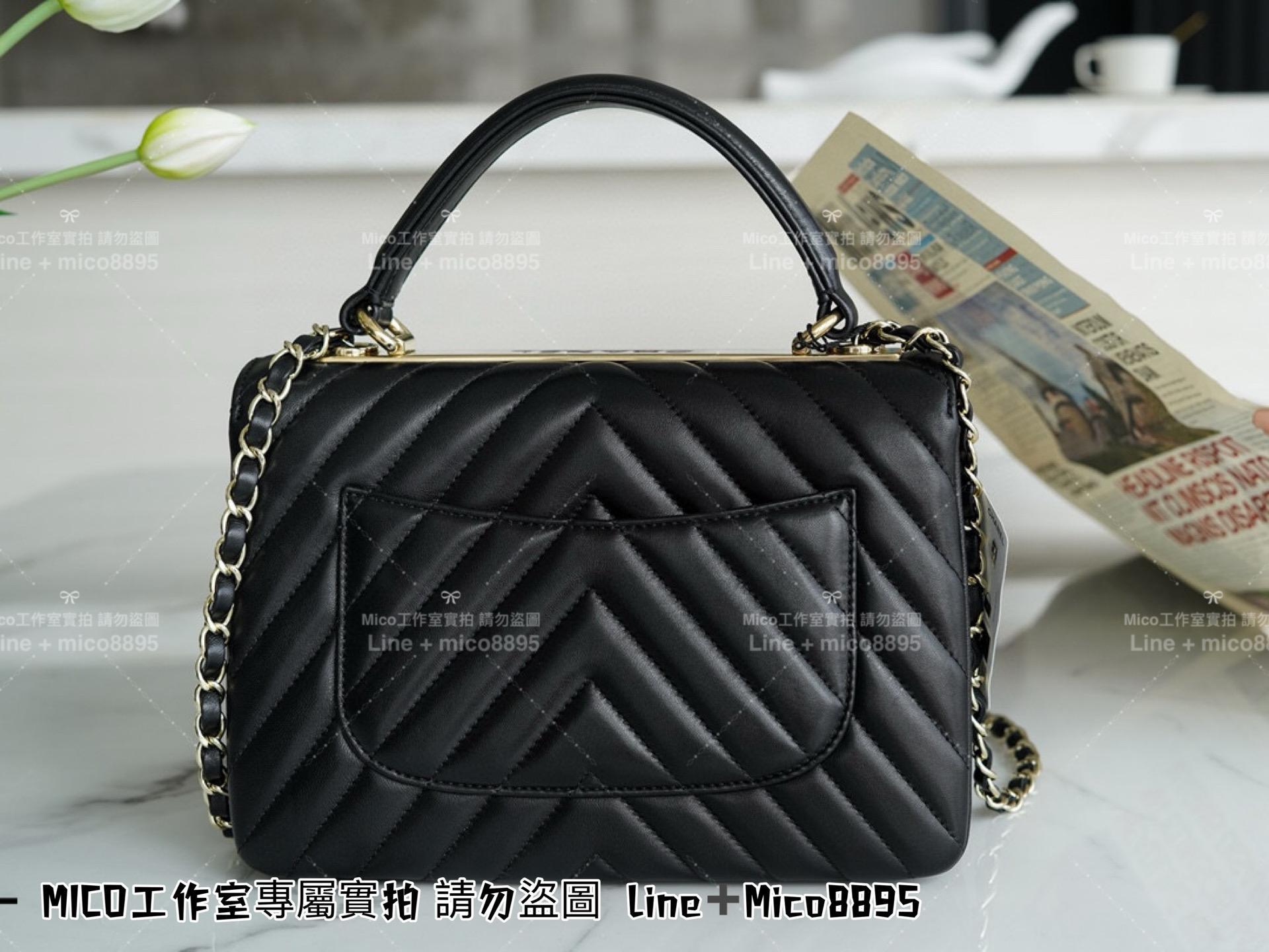 Chanel 香奈兒 知性風 黑色小羊皮 V紋/山型紋 Trendy cc 手提肩背風琴包 25cm