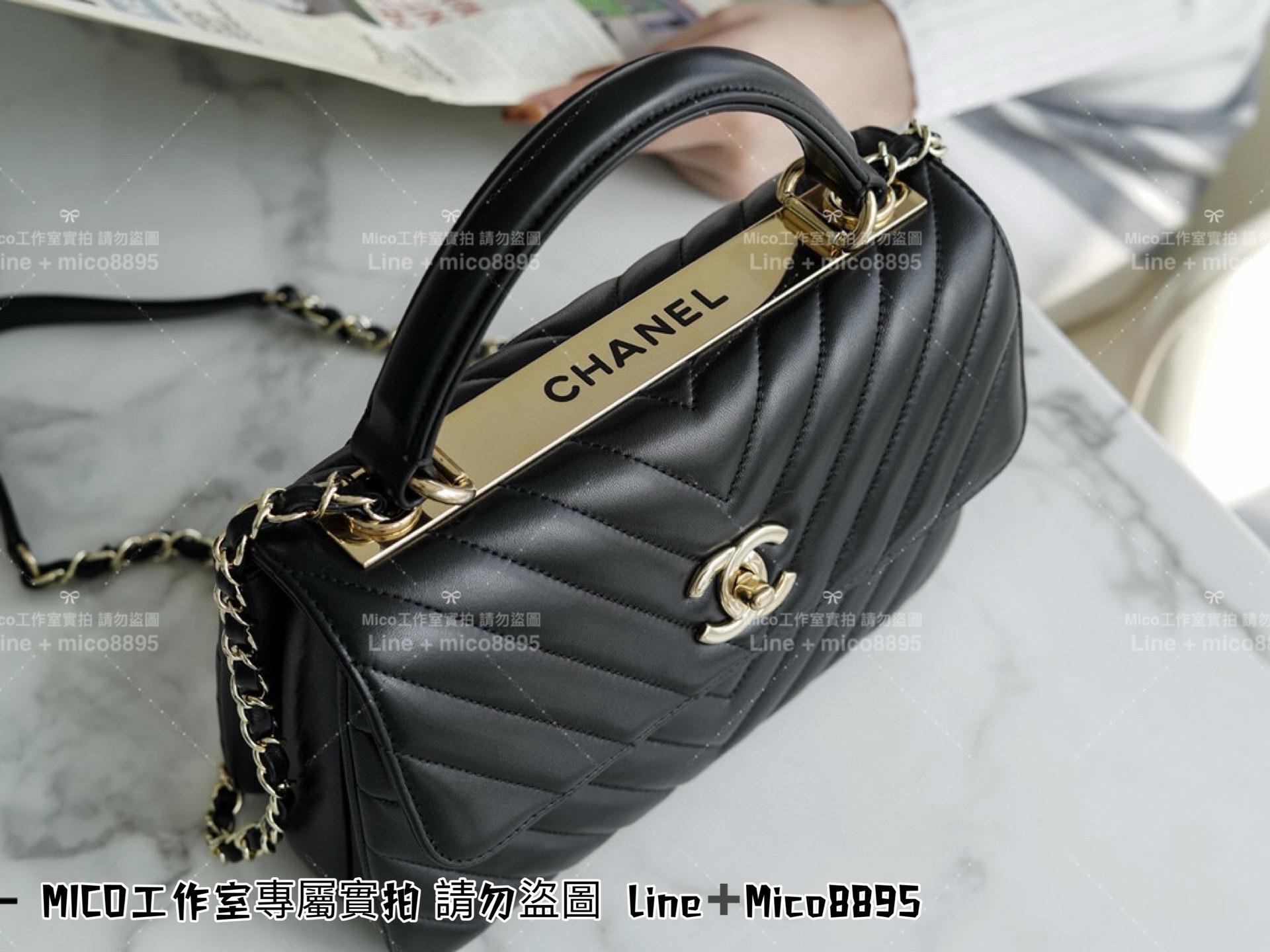 Chanel 香奈兒 知性風 黑色小羊皮 V紋/山型紋 Trendy cc 手提肩背風琴包 25cm