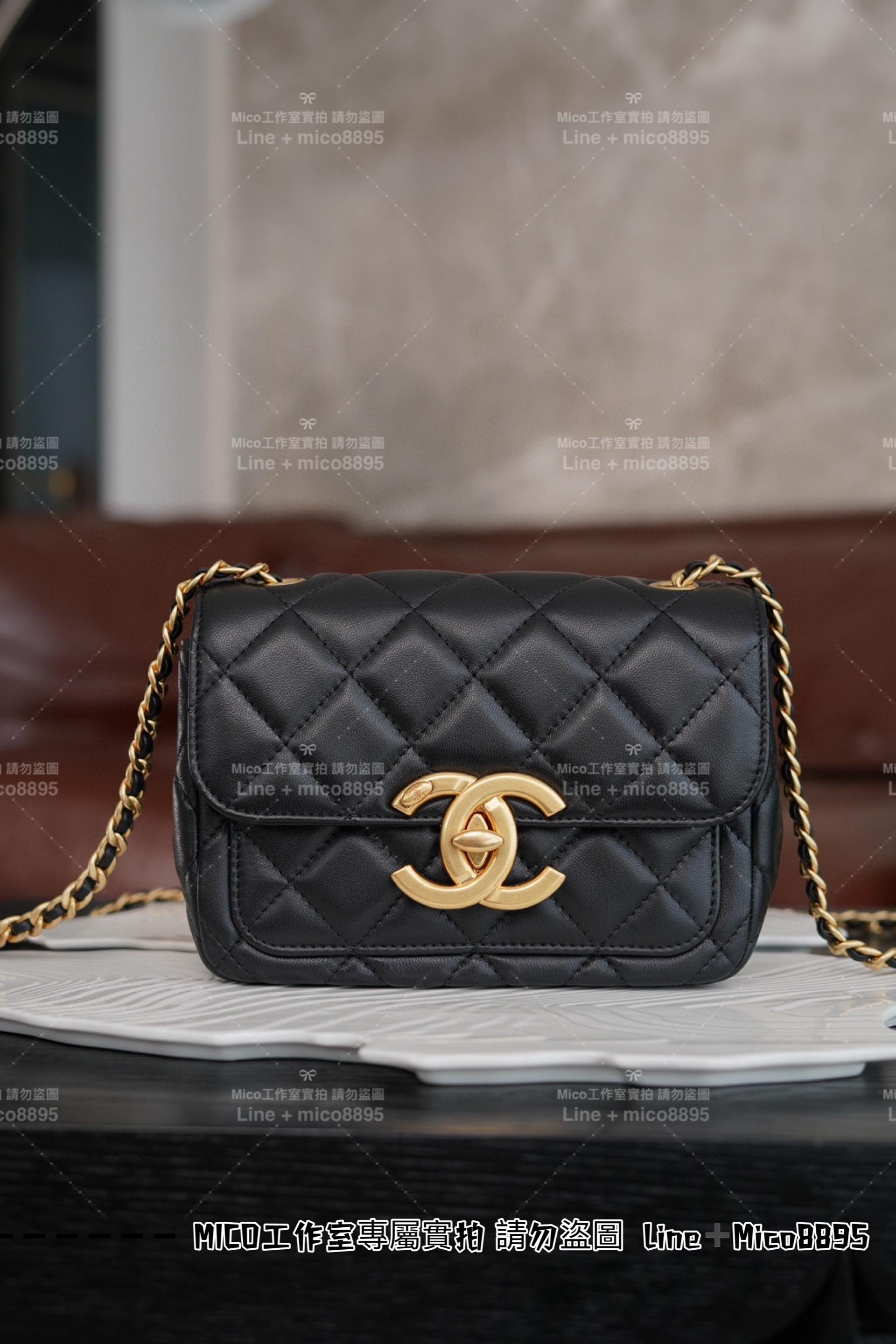 Chanel 24B 雙C Logo口蓋包 斜跨包 黑金/小羊皮 19cm