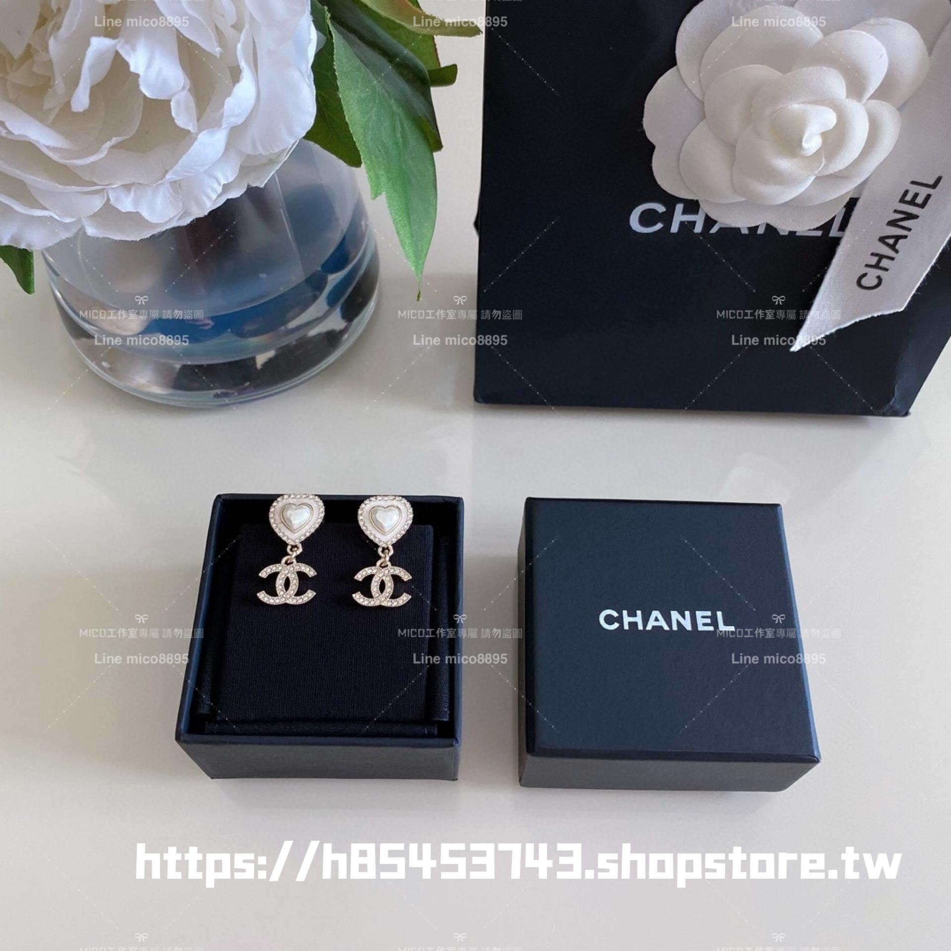 Chanel 珍珠愛心吊雙c耳環 24手工坊系列 施華洛世奇水鑽