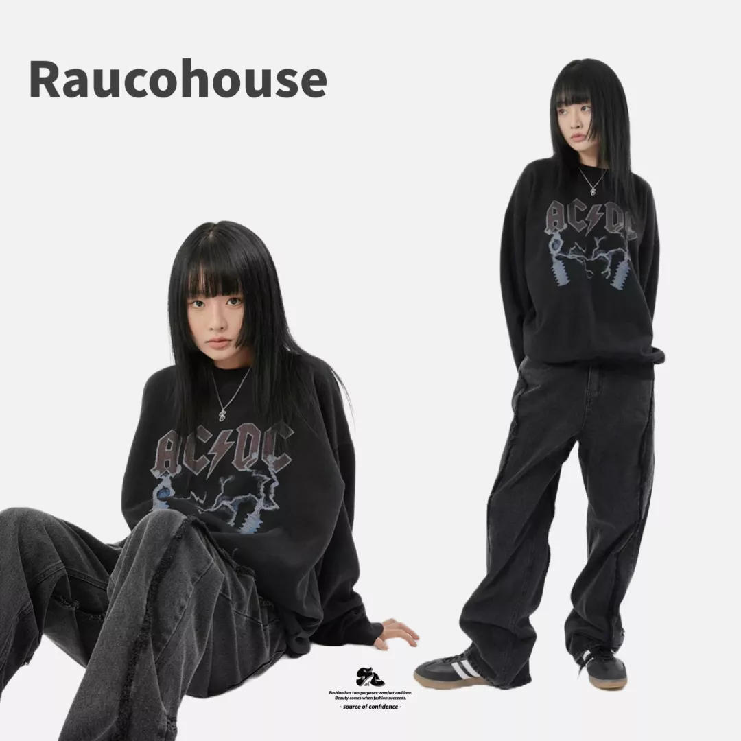 Raucohouse ACDC電流火花樂團復古水洗冷色大學Tee