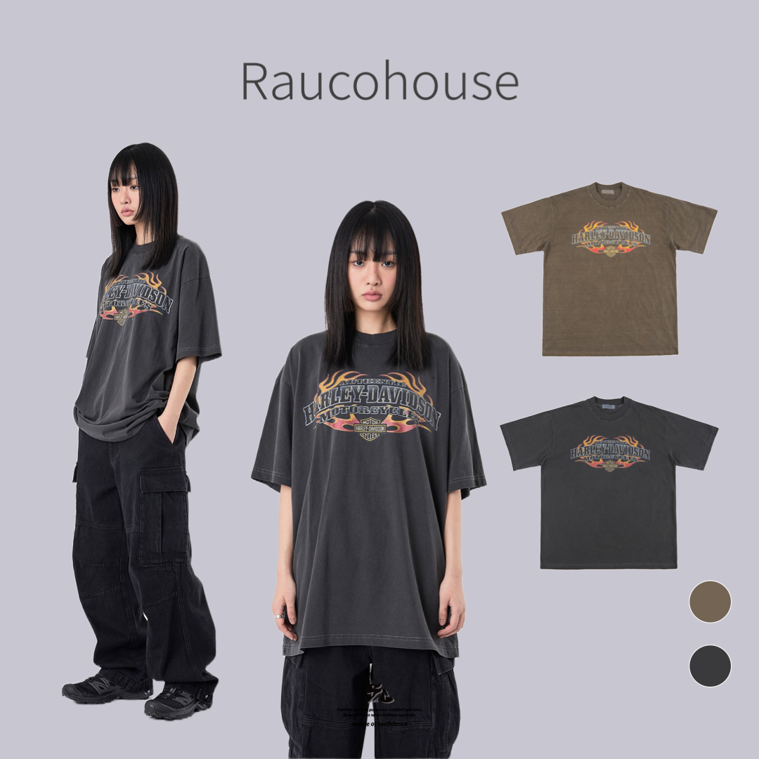 Raucohouse HARLEY-DAVIDSON火焰水洗 短Tee