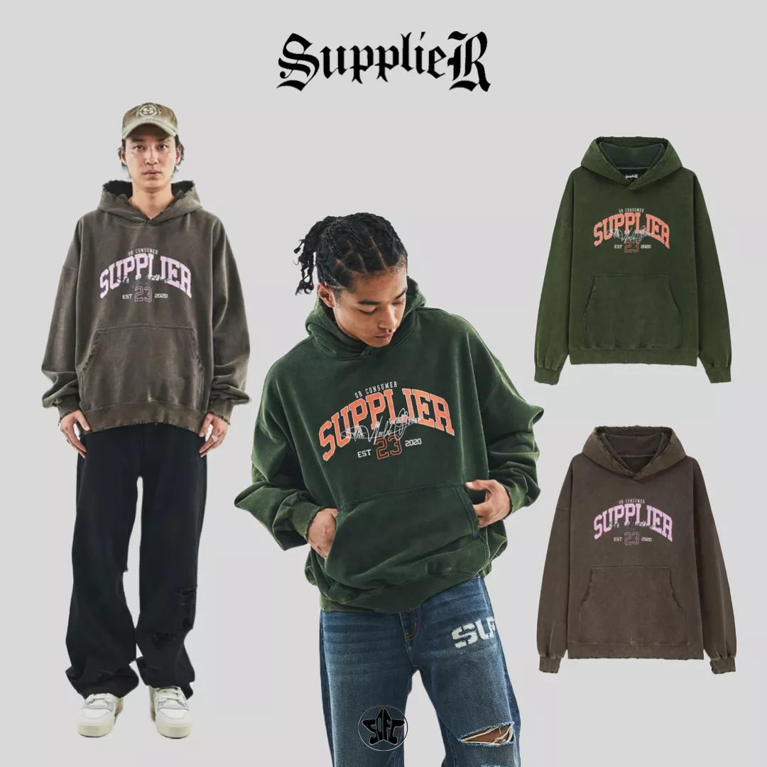 SUPPLIER Vintage Wash College Logo Hoodie破損仿舊帽Tee