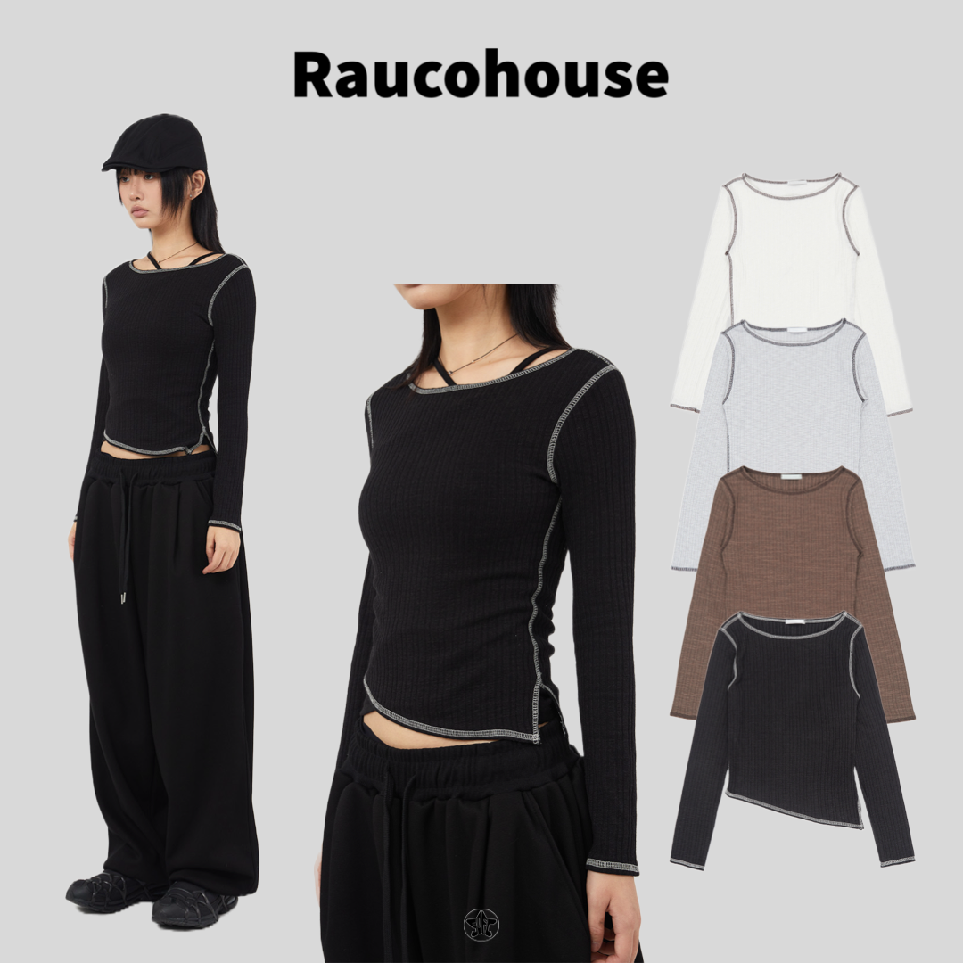 Raucohouse拷克線條不對稱合身長Tee