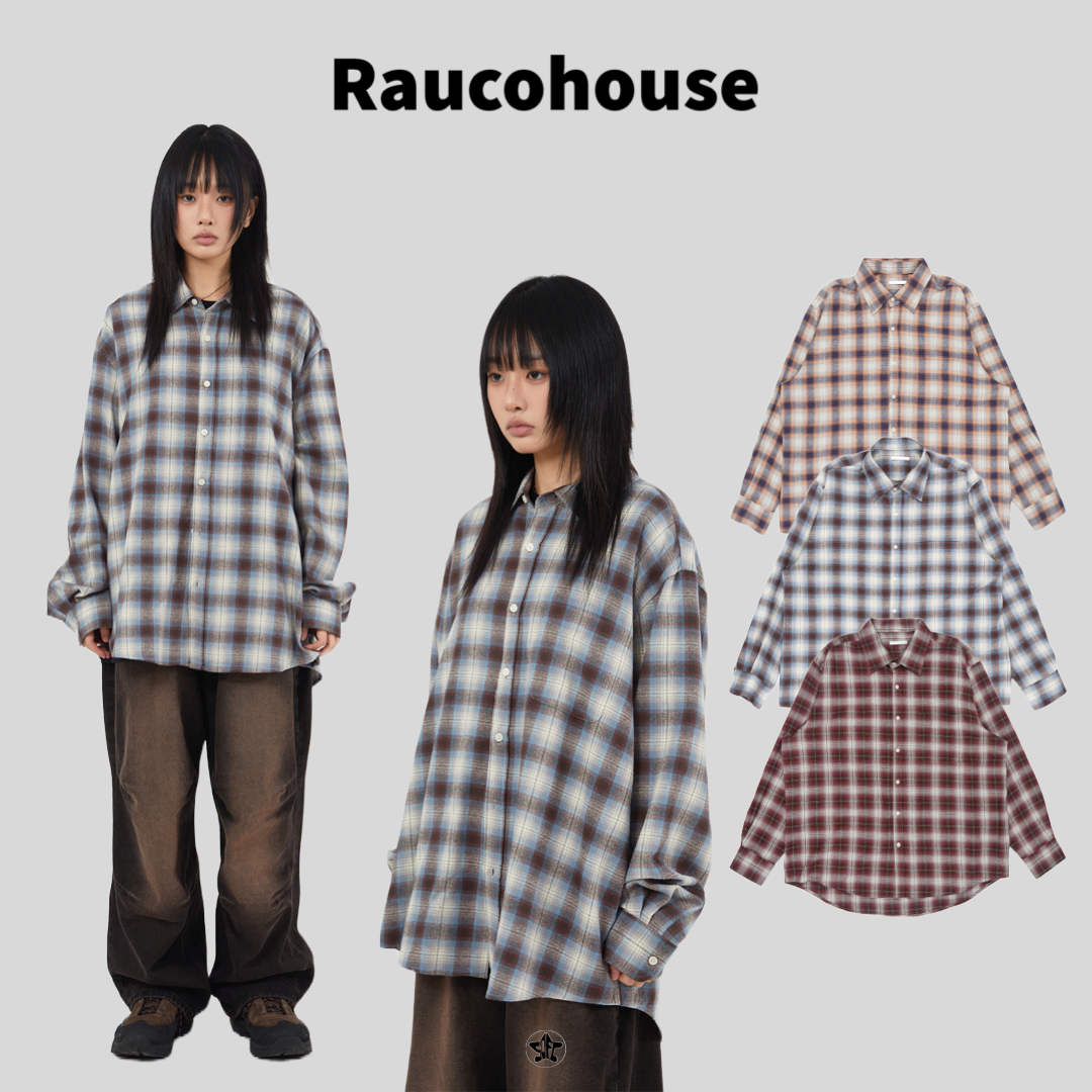 Raucohouse 翻領復古格紋弧形長袖襯衫