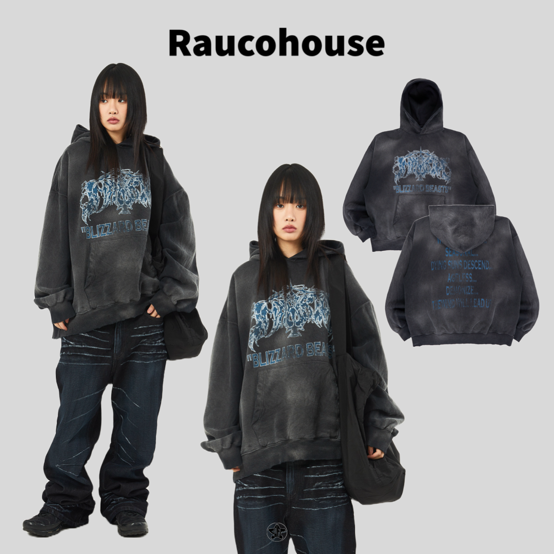 Raucohouse 仿舊水洗破損美式印花內刷毛帽Tee