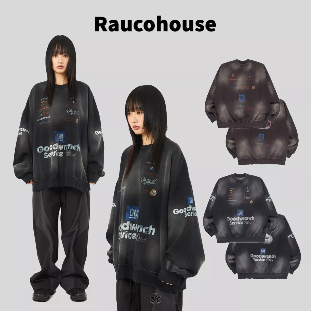 Raucohouse 仿舊水洗破損美式印花內刷毛長Tee