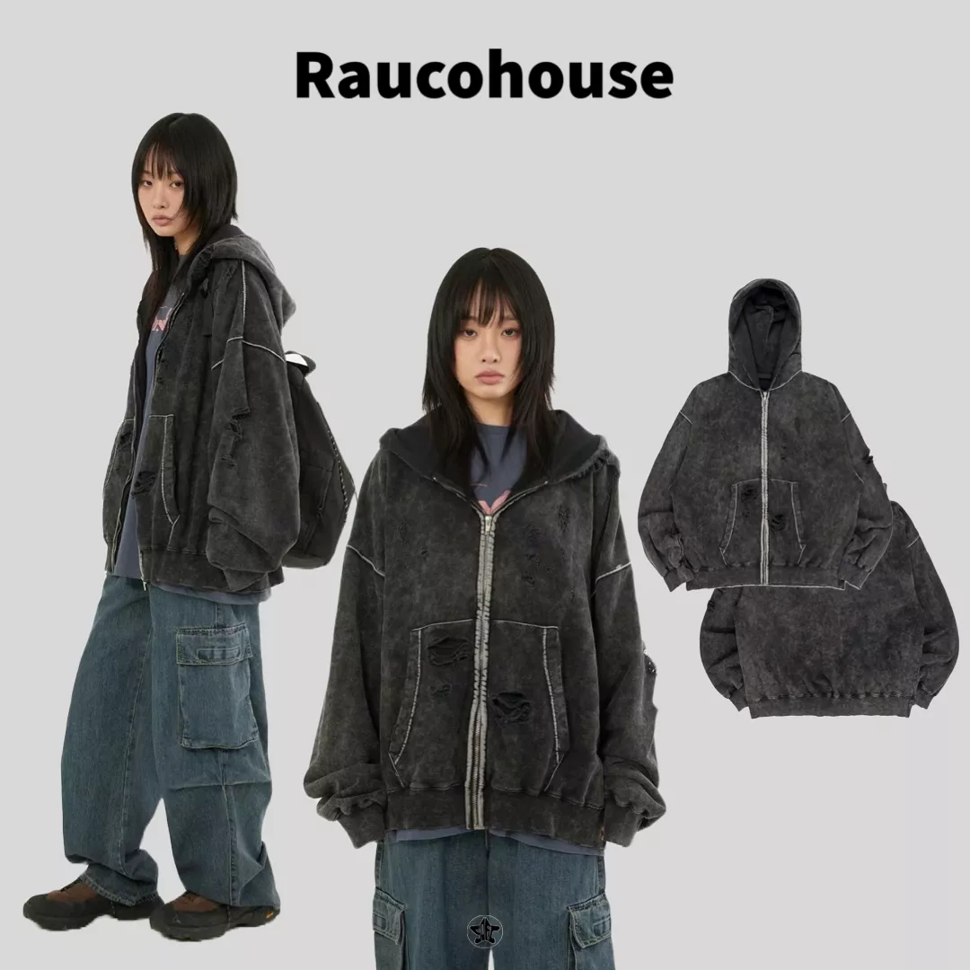 Raucohouse 仿舊水洗破損白條邊連帽外套