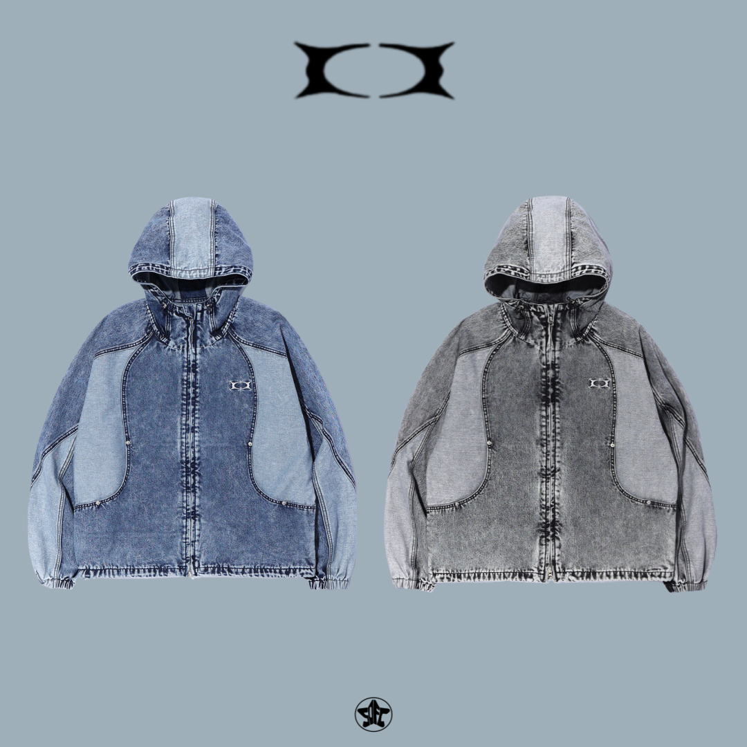 CRITIC COLOR BLOCK HOOD DENIM JACKET水洗線面板牛仔連帽外套