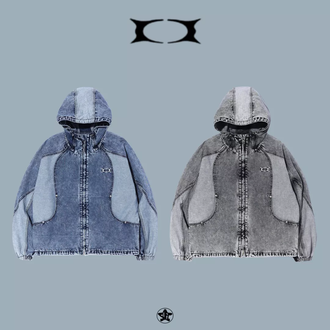 CRITIC COLOR BLOCK HOOD DENIM JACKET水洗線面板牛仔連帽外套