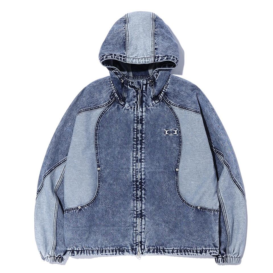 CRITIC COLOR BLOCK HOOD DENIM JACKET水洗線面板牛仔連帽外套