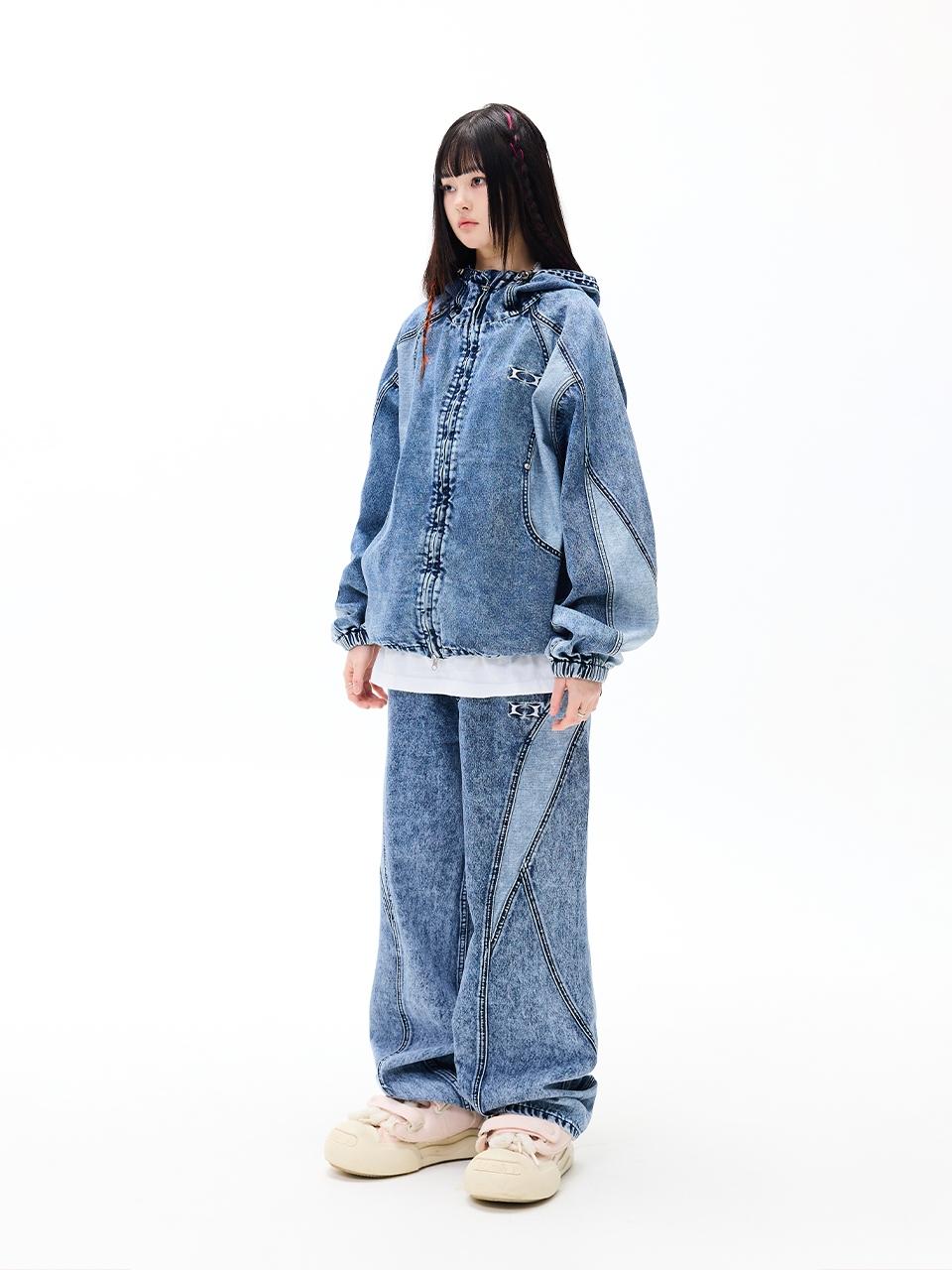 CRITIC COLOR BLOCK HOOD DENIM JACKET水洗線面板牛仔連帽外套