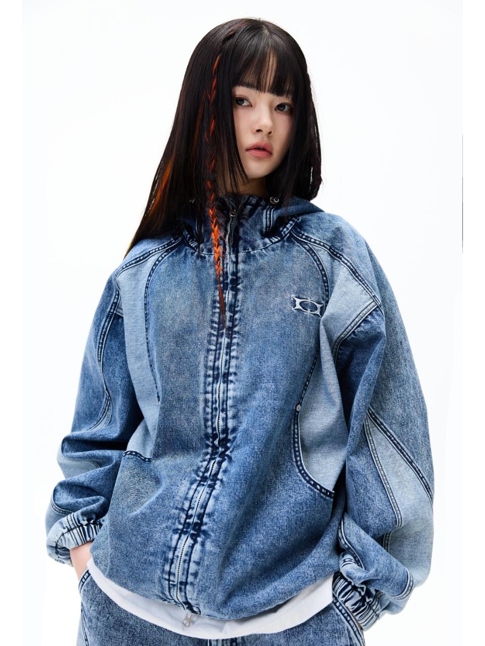 CRITIC COLOR BLOCK HOOD DENIM JACKET水洗線面板牛仔連帽外套