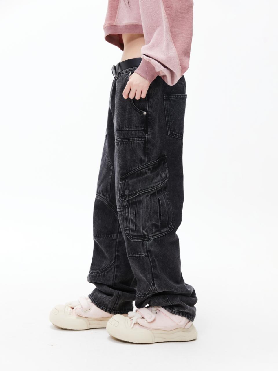 CRITIC HALF DOUBLE KNEE POCKET DENIM PANTS水洗線面板工裝牛仔褲