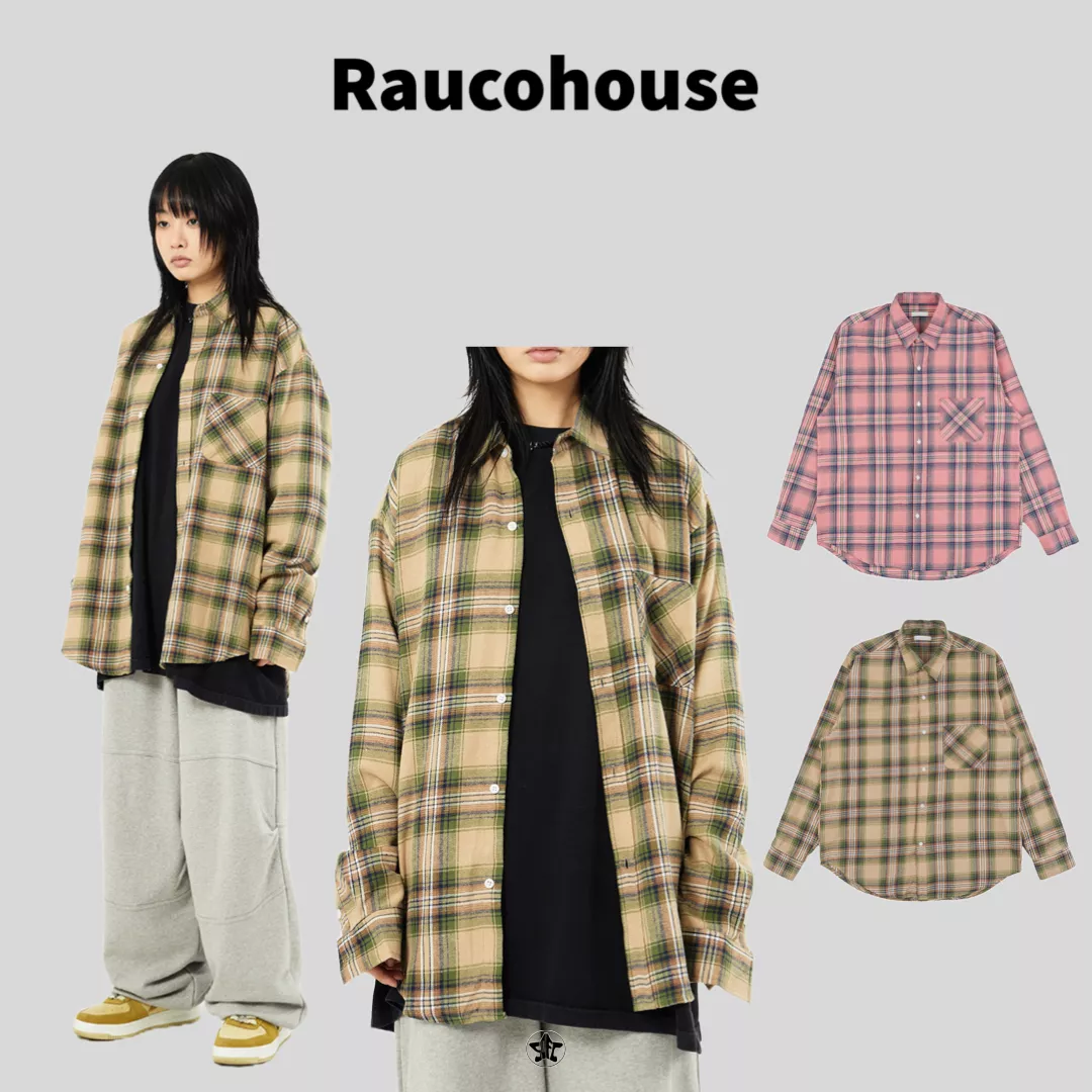 Raucohouse格紋拼接圓弧翻領襯衫