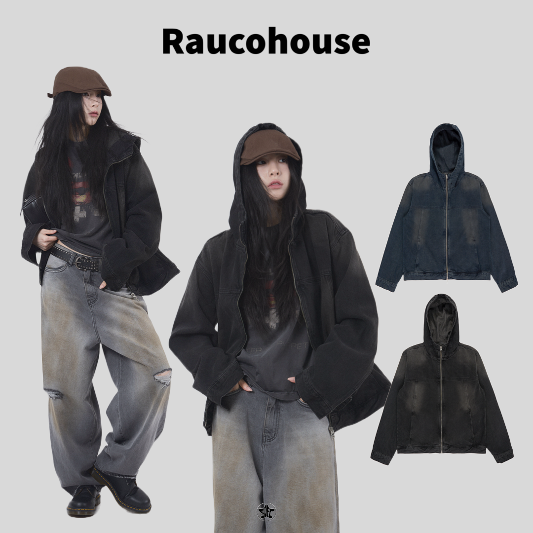 Raucohouse 水洗復古線面板連帽牛仔外套