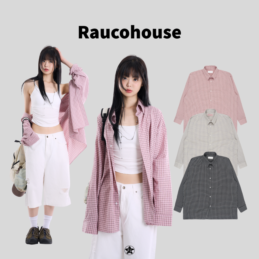 Raucohouse經典小格紋翻領長袖薄襯衫