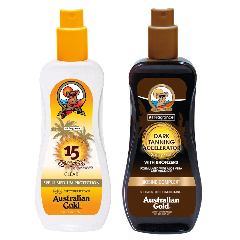 Australian Gold SPF 15 Spray Gel and Accelerator Spray Gel | Zestaw do opalania: spray do opalania 237ml + spray przyspieszający opalanie 237ml