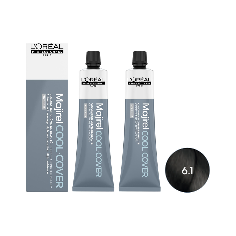 L'Oréal Professionnel Majirel Cool Cover | Zestaw: trwała farba do włosów o chłodnych odcieniach - kolor 6.1 ciemny blond popielaty 2x60ml