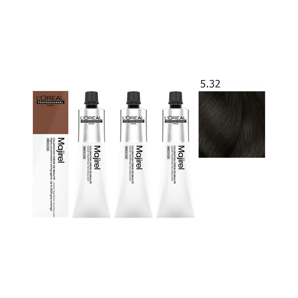 L'Oréal Professionnel Majirel | Zestaw: trwała farba do włosów - kolor 5.32 jasny brąz złocisto-opalizujący 3x60ml