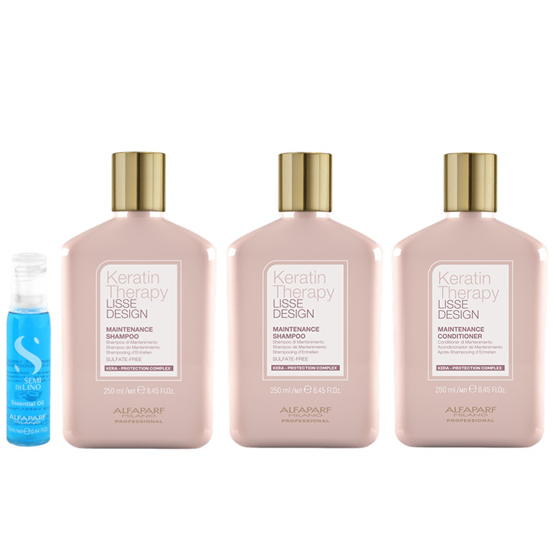 Alfaparf Keratin Therapy Lisse Design and Semi Di Lino | Zestaw podtrzymujący efekt wygładzenia i regenerujący: szampon 2x250ml + odżywka 250ml + kuracja 13ml