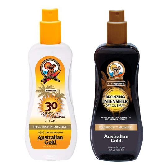 Australian Gold SPF 30 Spray Gel and Intensifier Bronzing Dry Oil Spray | Zestaw do opalania: spray do opalania 237ml + suchy olejek przyspieszający opalanie 237ml