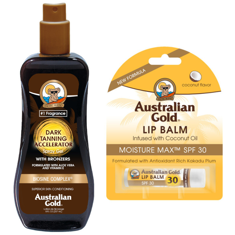 Australian Gold Accelerator Spray Gel and Coconut Lip Balm SPF30 | Zestaw do opalania: spray przyspieszający opalanie 237ml + kokosowa pomadka ochronna 4.2g