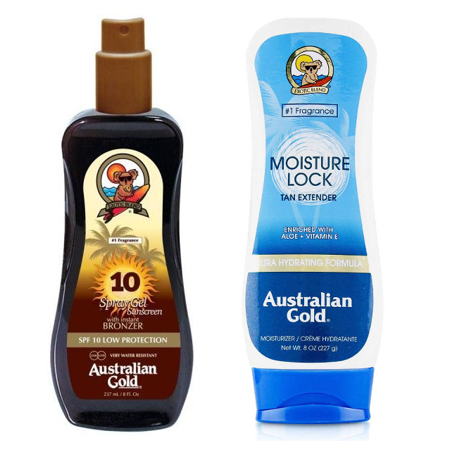 Australian Gold SPF 10 Spray Gel Bronzer and Moisture Lock | Zestaw do opalania: spray do opalania z bronzerem 237ml + balsam po opalaniu 227g