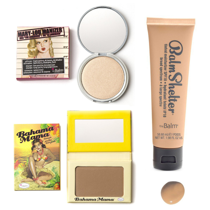 TheBalm Mary-Lou Manizer and Bahama Mama and Balm Shelter | Zestaw do makijażu: puder rozświetlający 9,06g + puder brązujący 6,3g + krem koloryzujący Light/Medium 59ml 