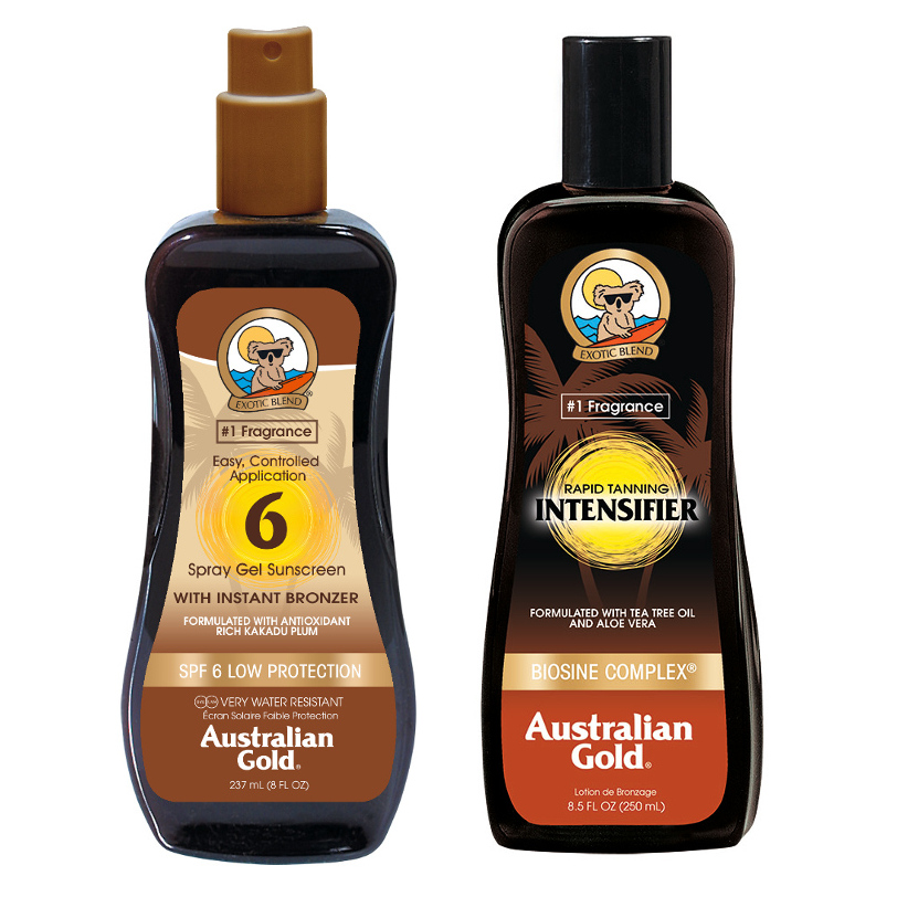 Australian Gold SPF 6 Spray Gel Bronzer and Rapid Tanning Intensifier Lotion | Zestaw do opalania: spray do opalania z bronzerem 237ml + mleczko przyspieszające opalanie 250ml