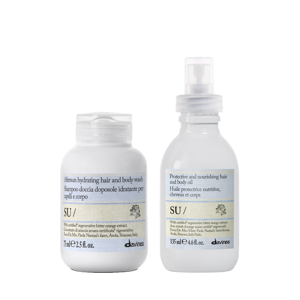 Davines SU | Szampon i żel do mycia ciała i włosów po opalaniu 75ml + SU | Ochronny olejek do włosów i ciała 135ml zestaw